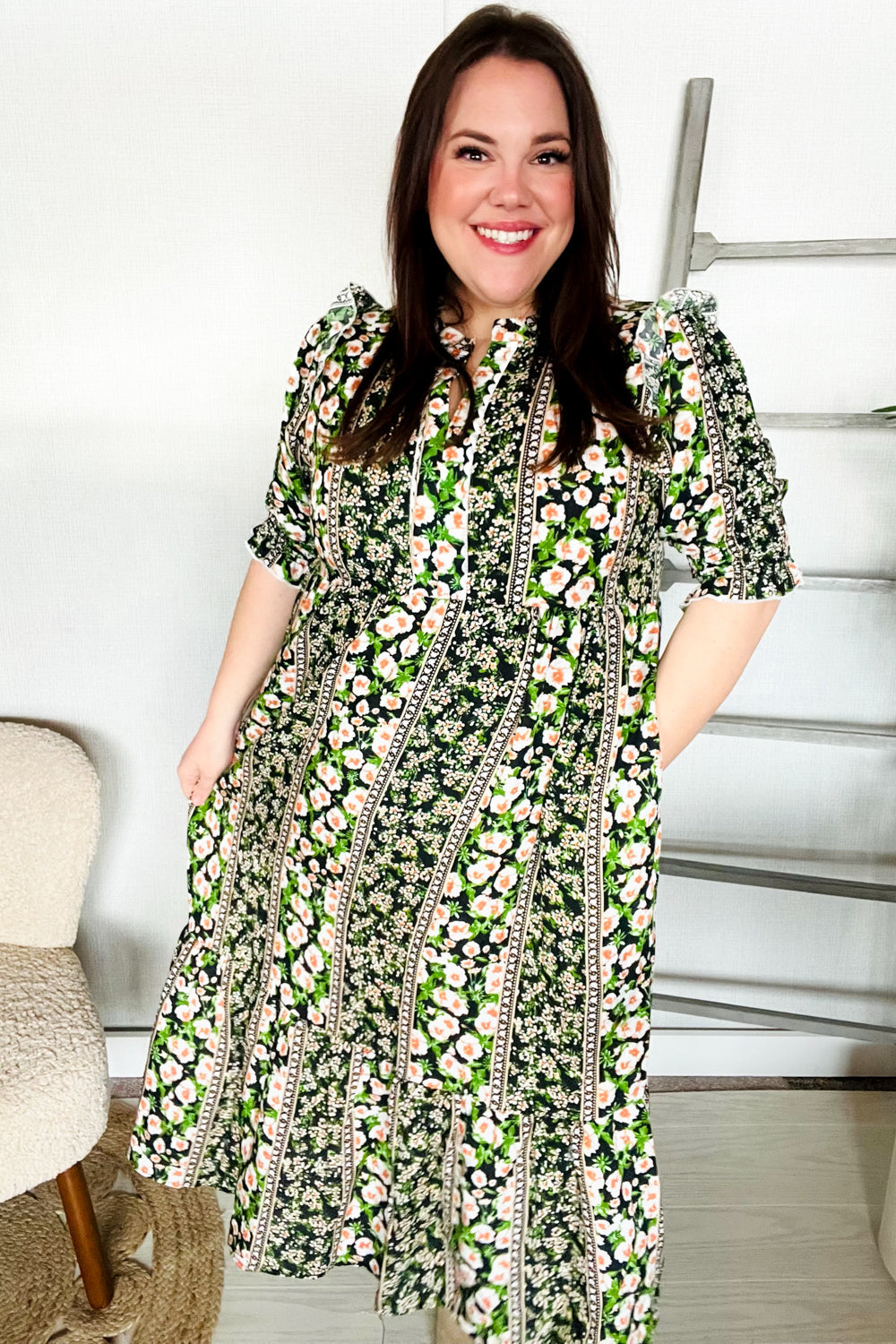 Elegant Black & Green Ruffled Notch Neck Babydoll Smocked Midi Dress for Women | Flowy Summer Dress for Date Night, Garden Party & Special Occasions