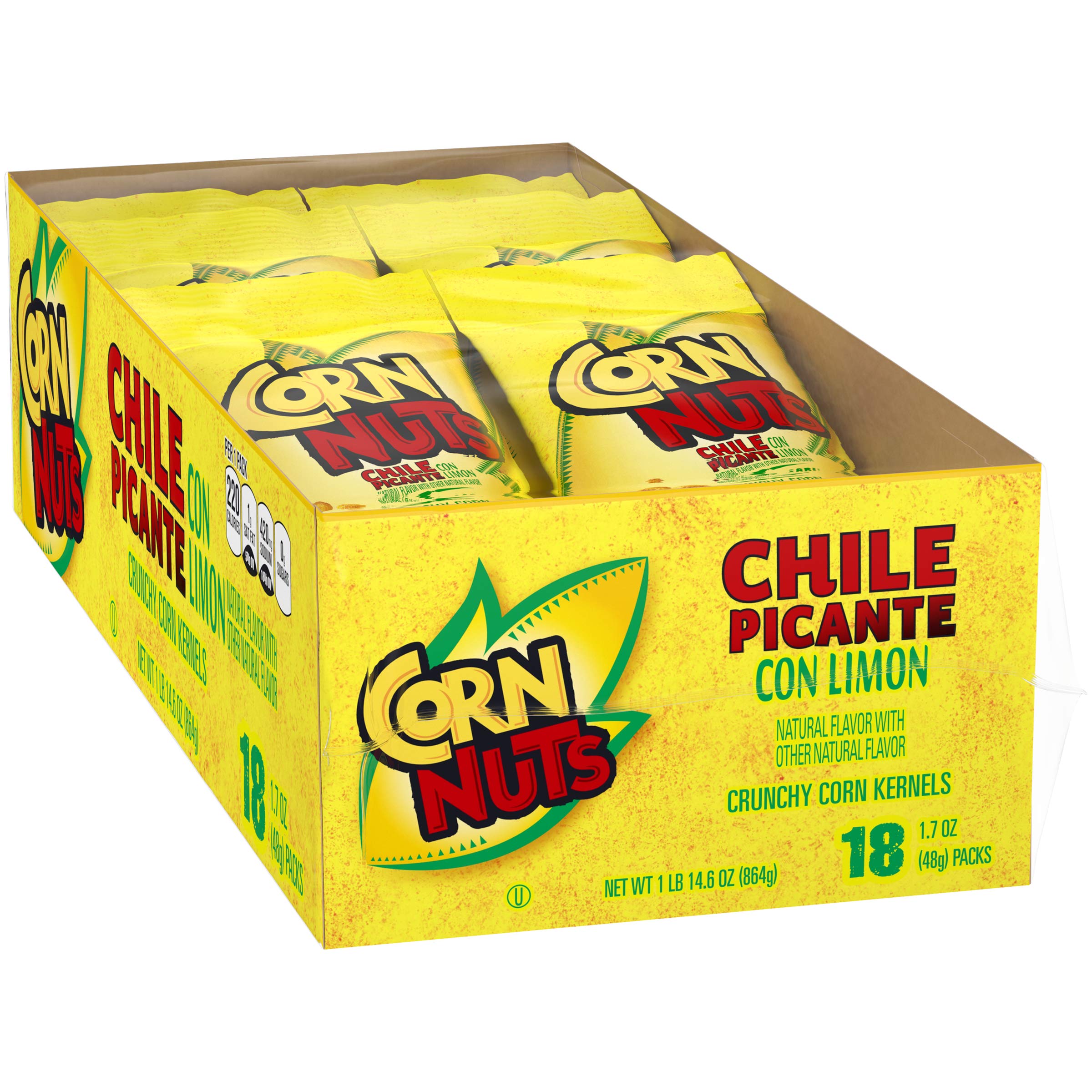 Spicy Chile Picante con Limon Flavored Corn Nuts - Crunchy Corn Snacks for Adults - 1.7oz Pack of 18 - Perfect for Road Trips, Movie Nights & Office Snacking