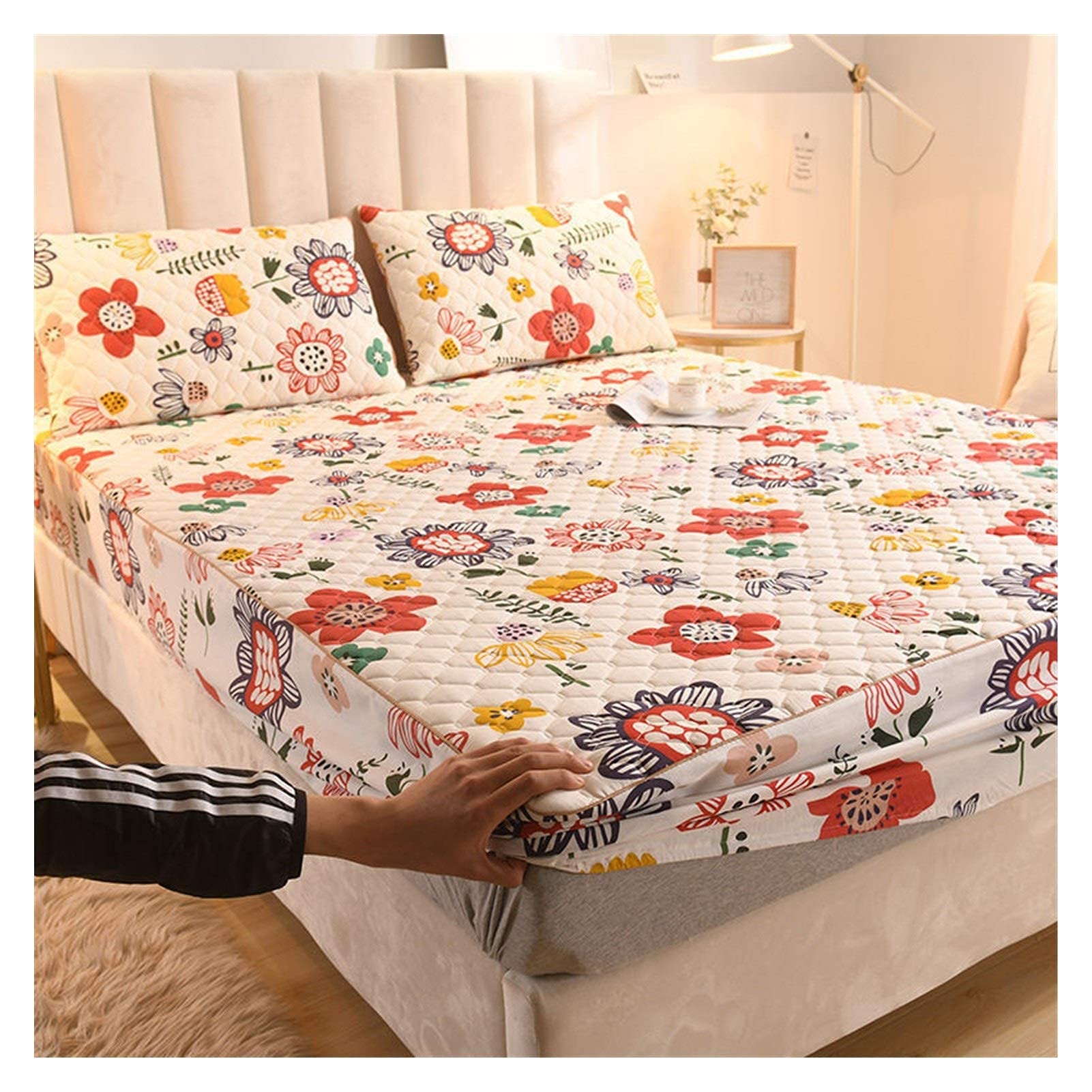 Premium Cotton Quilted Mattress Protector Cover - King/Queen Size (180x220x25cm) - Breathable Bed Sheet with Floral Design for Allergy Protection & Comfort - Perfect for Hotels, Guest Rooms & Home Bedding Sets