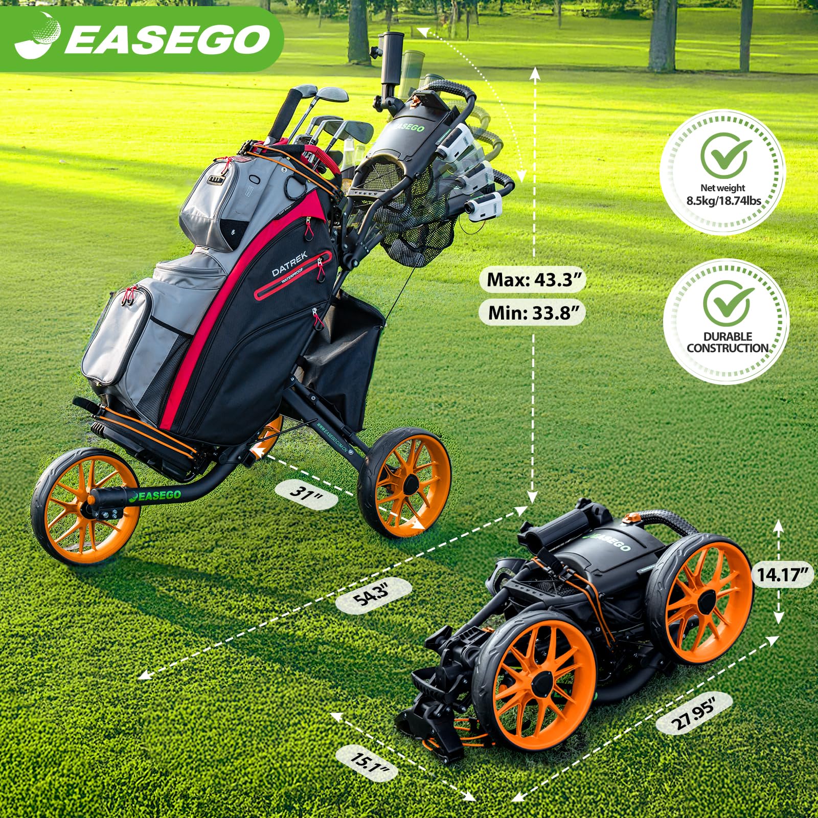 **3 Wheel Golf Push Cart - Foldable Golf Bag Caddy with Phone Holder, Cup Holder & Umbrella Holder | Compact & Quick Fold Design | Large Wheelbase for All Terrains | Perfect for Golfers, Seniors & Beginners**    *(Use Case: Ideal for golf courses, practice ranges, or casual strolls – lightweight, portable, and easy to store!)*