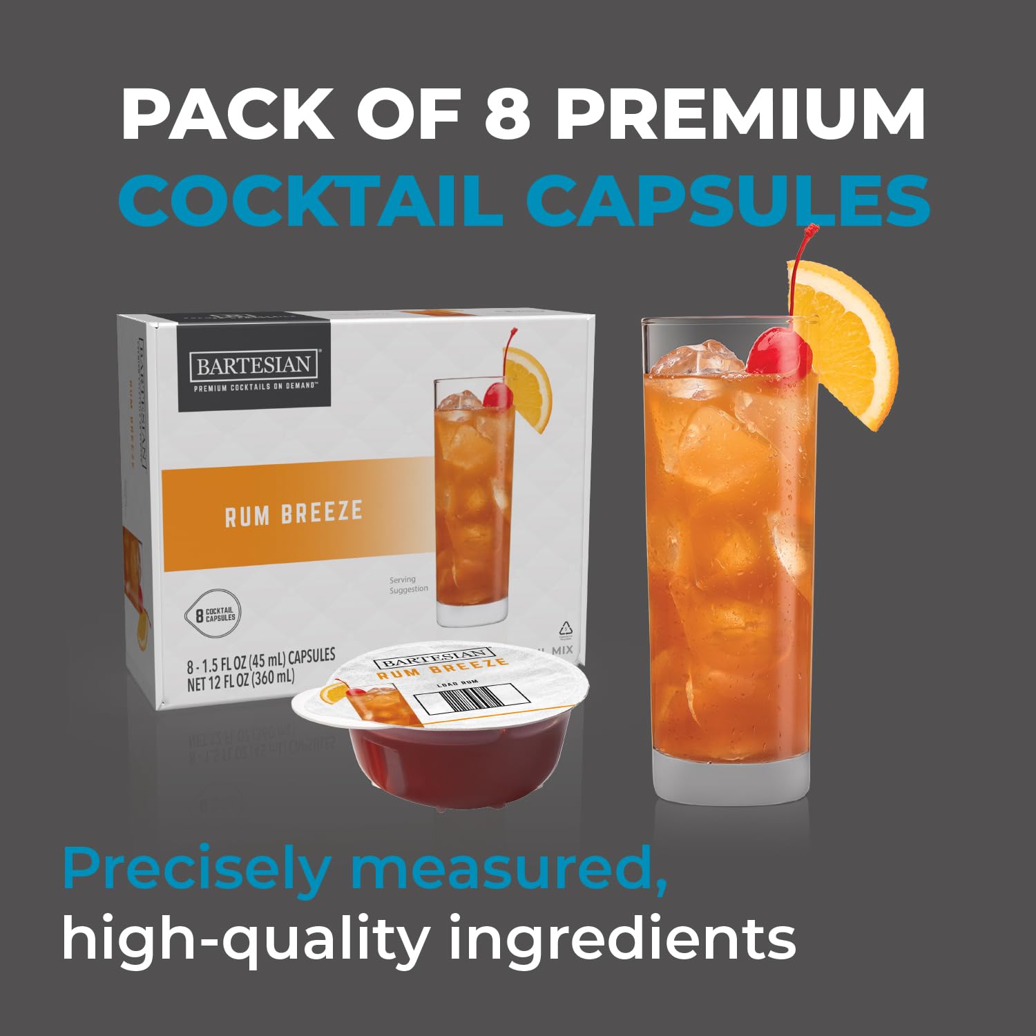 Bartesian Rum Breeze Cocktail Mixer Capsules - 8 Pack Premium Cocktail Pods for Bartesian Machine (55421) | Perfect for Home Bars, Parties & Entertaining Guests