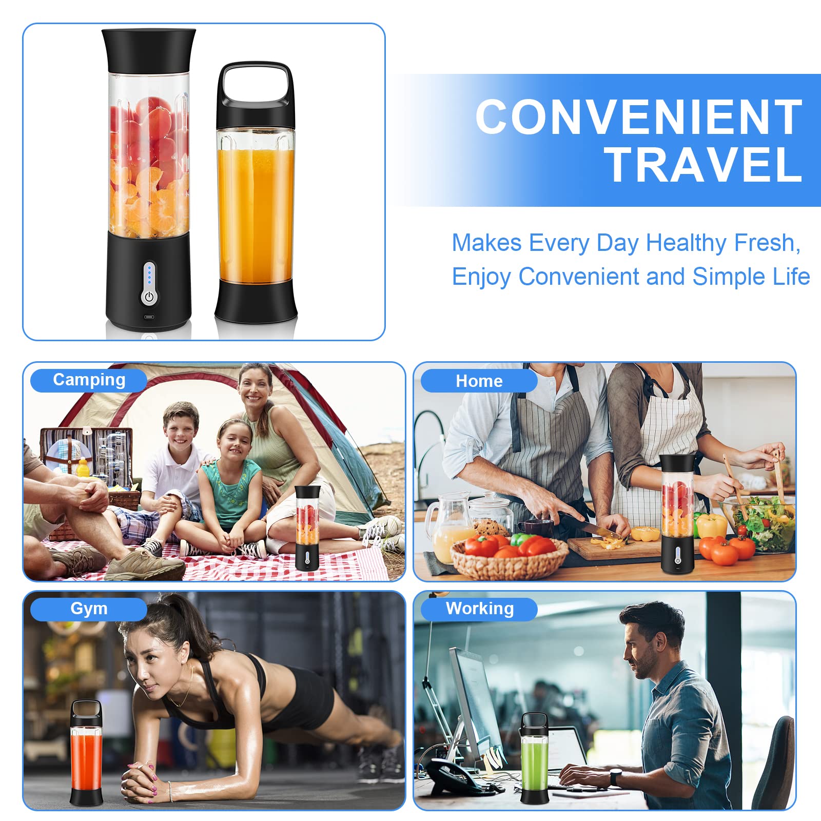 Portable Personal Blender - 17Oz USB Rechargeable Travel Blender with Leak-Proof Lid, BPA-Free Cordless Smoothie Maker for Shakes, Protein Drinks & Juices - Perfect for Gym, Outdoor Adventures, Camping & Office Use