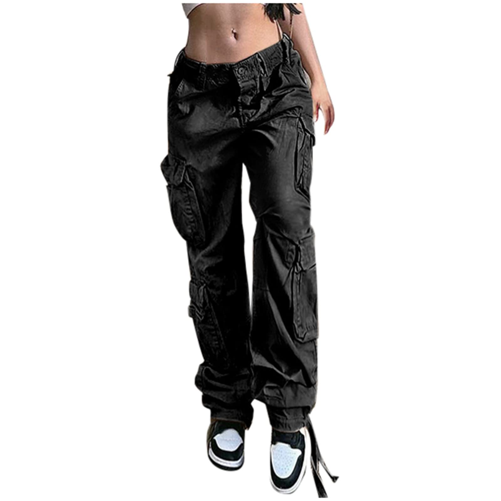 Binmer Y2K Cargo Pants for Women - Baggy Low Waist Jogger Pocket Trousers | Hippie Punk Streetwear | Solid Full Length Pants Jeans | Perfect for Casual Wear, Music Festivals & Urban Fashion