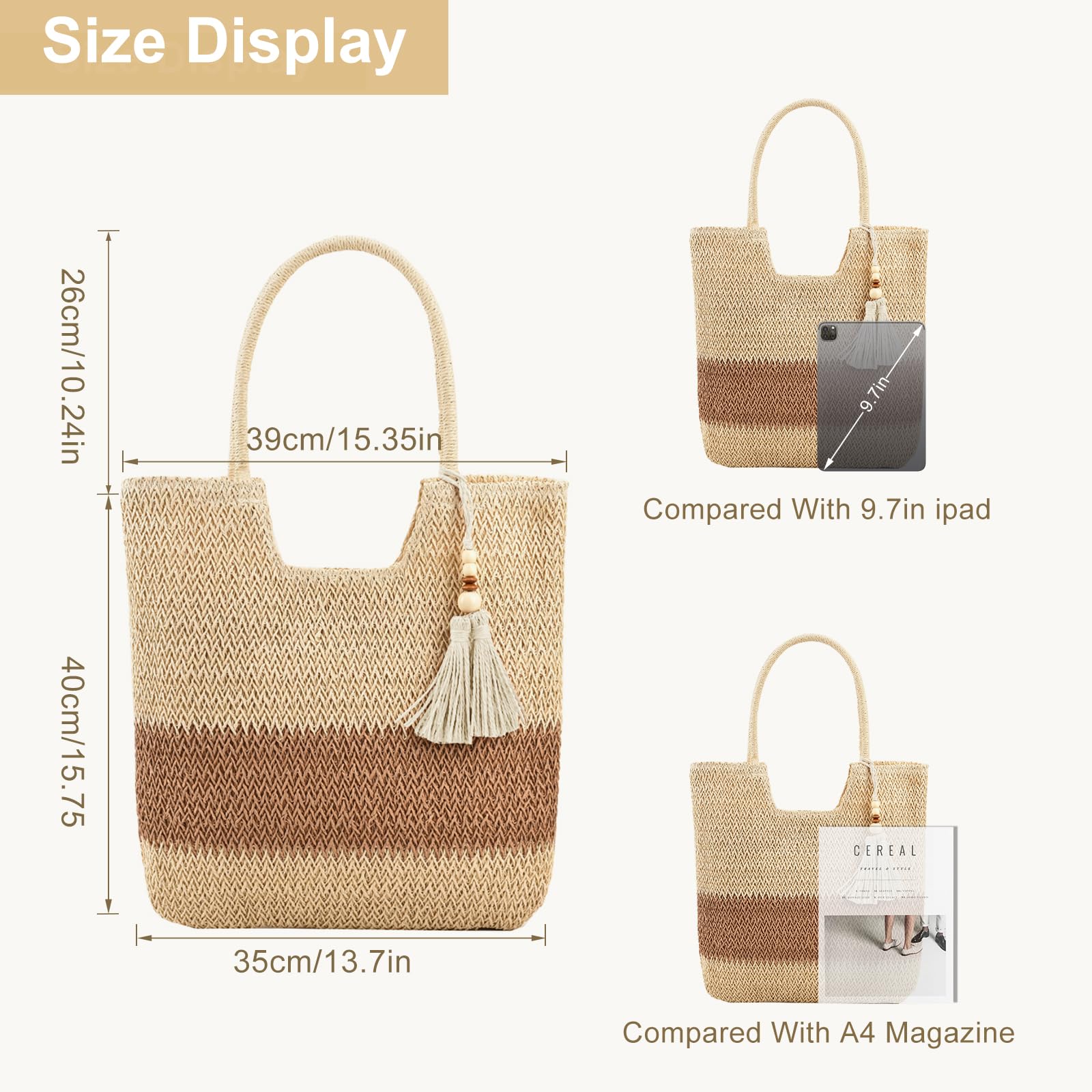 DKIIL NOIYB Women's Straw Beach Bag - Large Woven Tote with Tassels - Summer Vacation Handbag for Pool, Beach & Travel Accessories