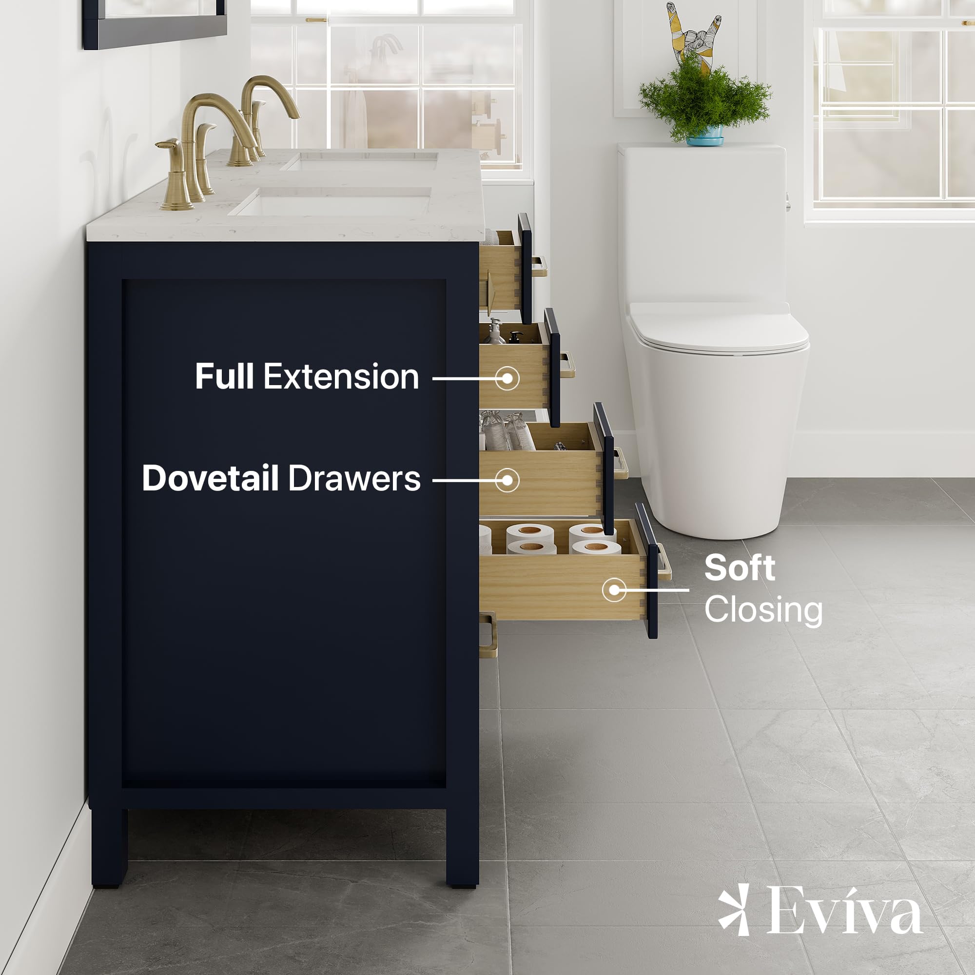 48 Inch Blue Bathroom Vanity with Carrara Quartz Top & Double Sink - Freestanding Vanity Cabinet with Spacious Storage & Wood Countertop - Perfect for Master Bathroom, Guest Bath or Powder Room Remodel