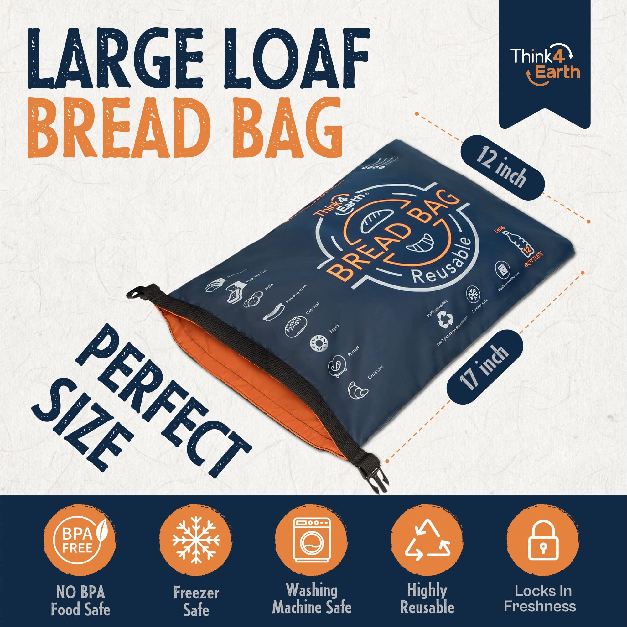 Think4Earth® Reusable Bread Storage Bags - Eco-Friendly Freezer Bags for Homemade Bread, Sourdough Loaves & Baked Goods | Double-Lined Large Bread Bags for Freshness | Perfect for Bread Makers, Gift Giving & Kitchen Organization