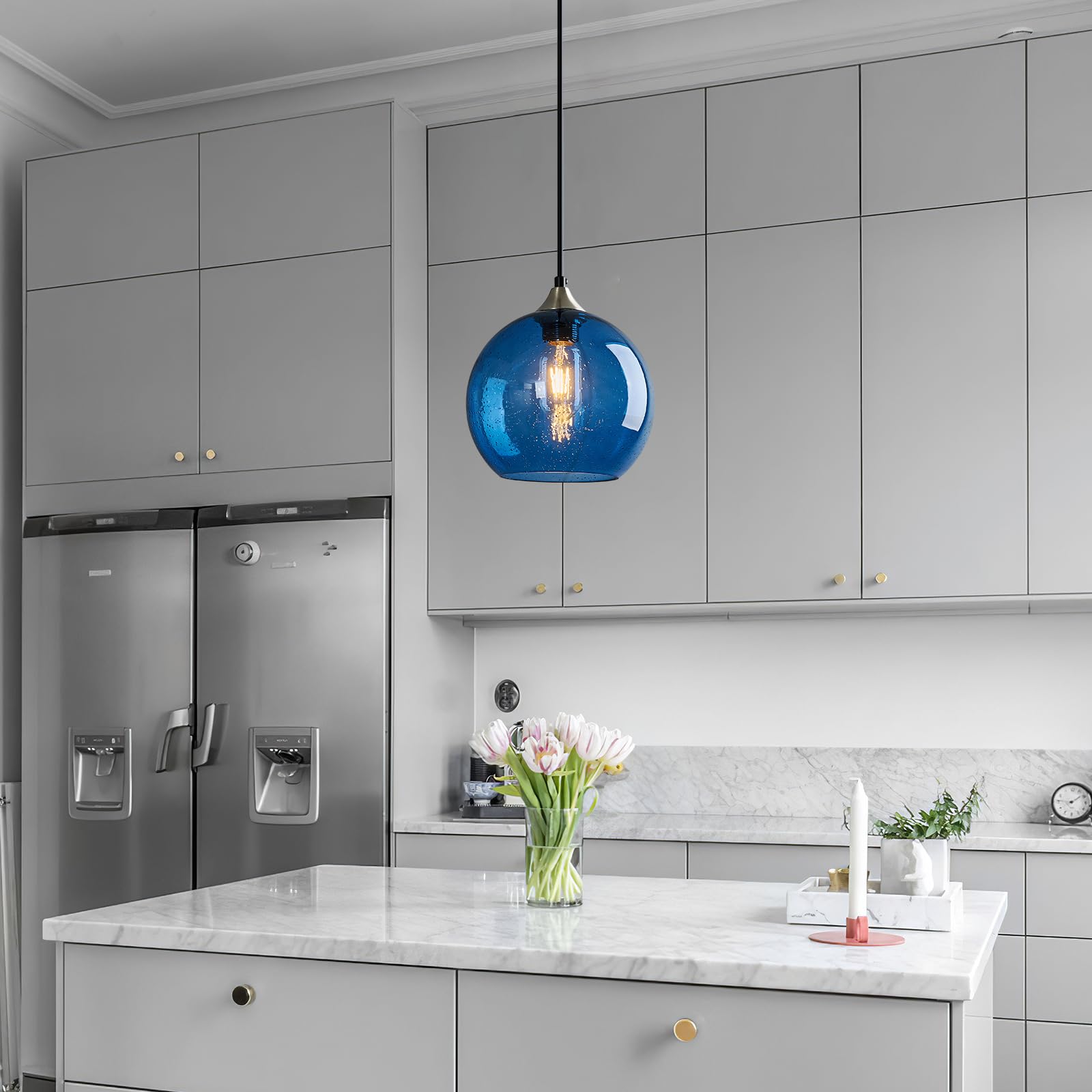 Modern Blue Glass Pendant Lights - 3-Pack Globe Pendant Light Fixtures for Kitchen Island, Bedroom, Living & Dining Room (7.87in) | Stylish Ambient Lighting for Home Decor & Restaurant Settings
