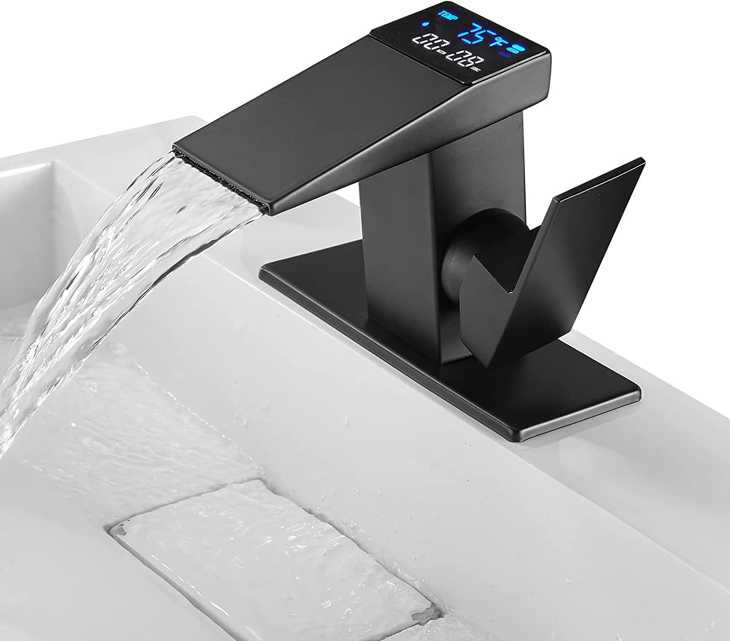 Loopan Black LED Light Waterfall Bathroom Faucet - Single Handle One Hole Mount with Temperature Display & Hydraulic Power, Lead-Free Vanity Sink Faucet for Modern Bathroom, Spa, and Hotel Decor