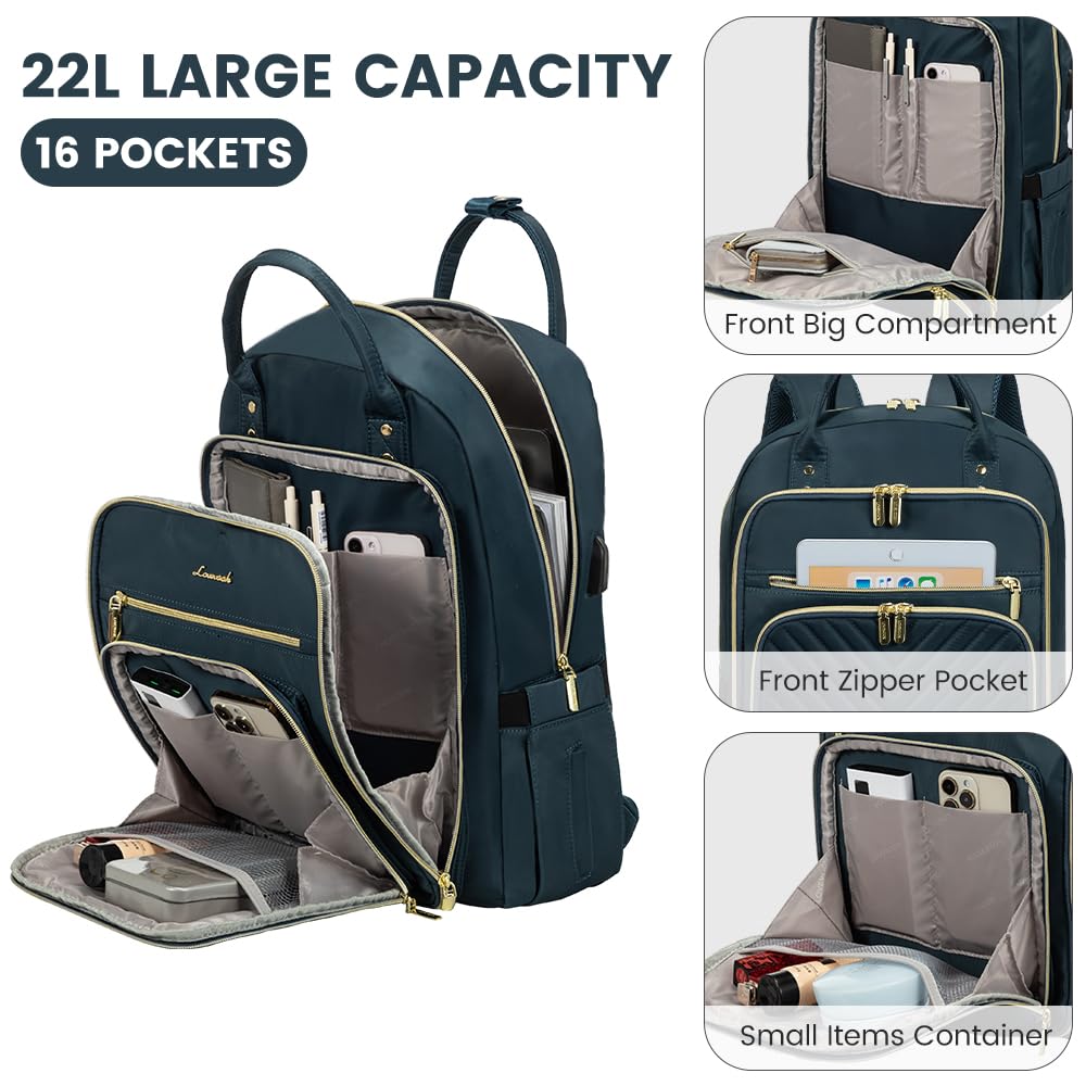 LOVEVOOK Women's Water Resistant Laptop Backpack - Stylish USB Charging Travel Work Bag for Business, Teacher & Nurse (Blue-Green) | Perfect for Commuting, Office & College Use