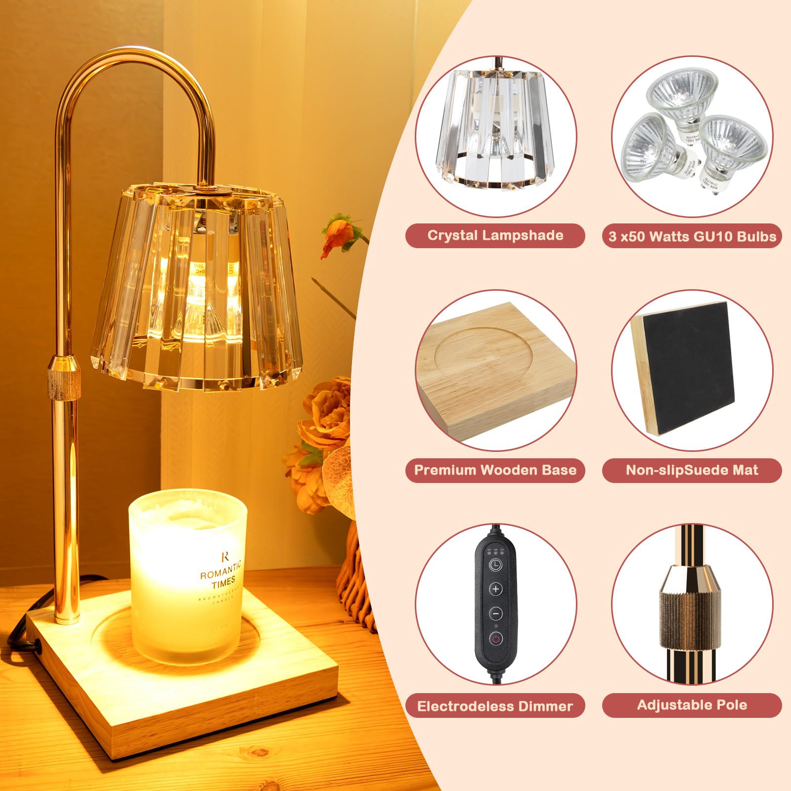 Electric Candle Warmer Lamp - Adjustable Height Dimmable Wax Melt Warmer with Timer, 3 Bulbs, for Jar Candles | Home Decor, Bedroom, Housewarming Gifts | Perfect for Relaxation, Aromatherapy & Cozy Ambiance