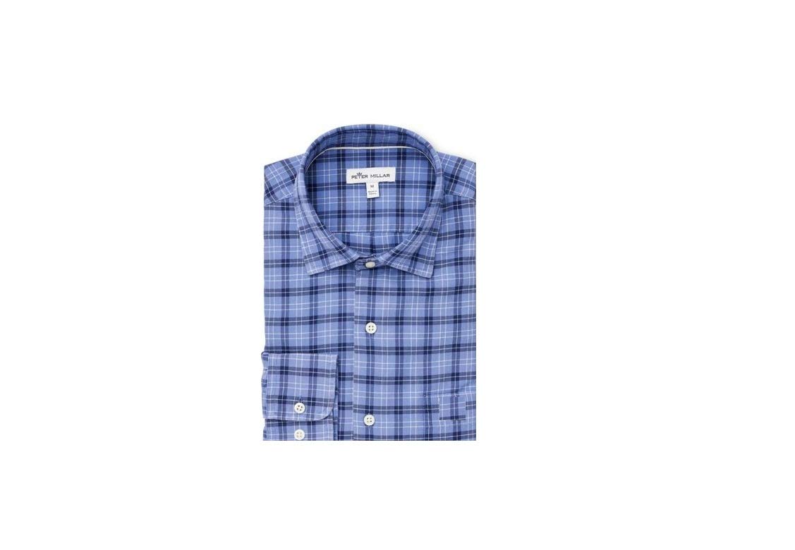 PETER MILLAR Men's Cotton-Silk Blend Plaid Button-Down Shirt in Bonnet Blue | Classic Casual Dress Shirt for Office, Business & Weekend Wear