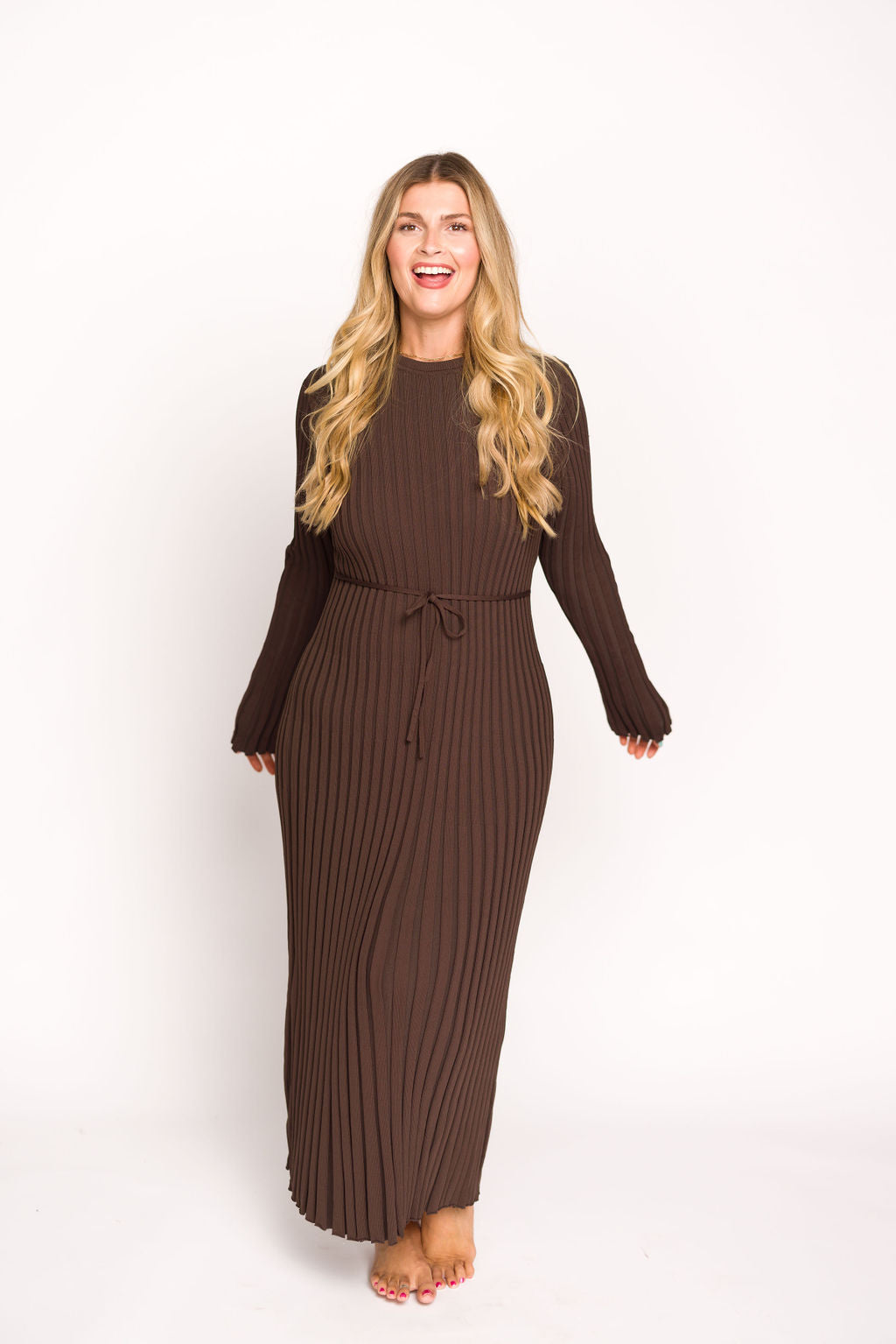 Colette Premium Long Sleeve Ribbed Knit Maxi Dress - Brown Maternity Dress for Pregnancy | Bump Friendly, Comfortable & Stylish for Casual Outings, Date Nights & Special Occasions