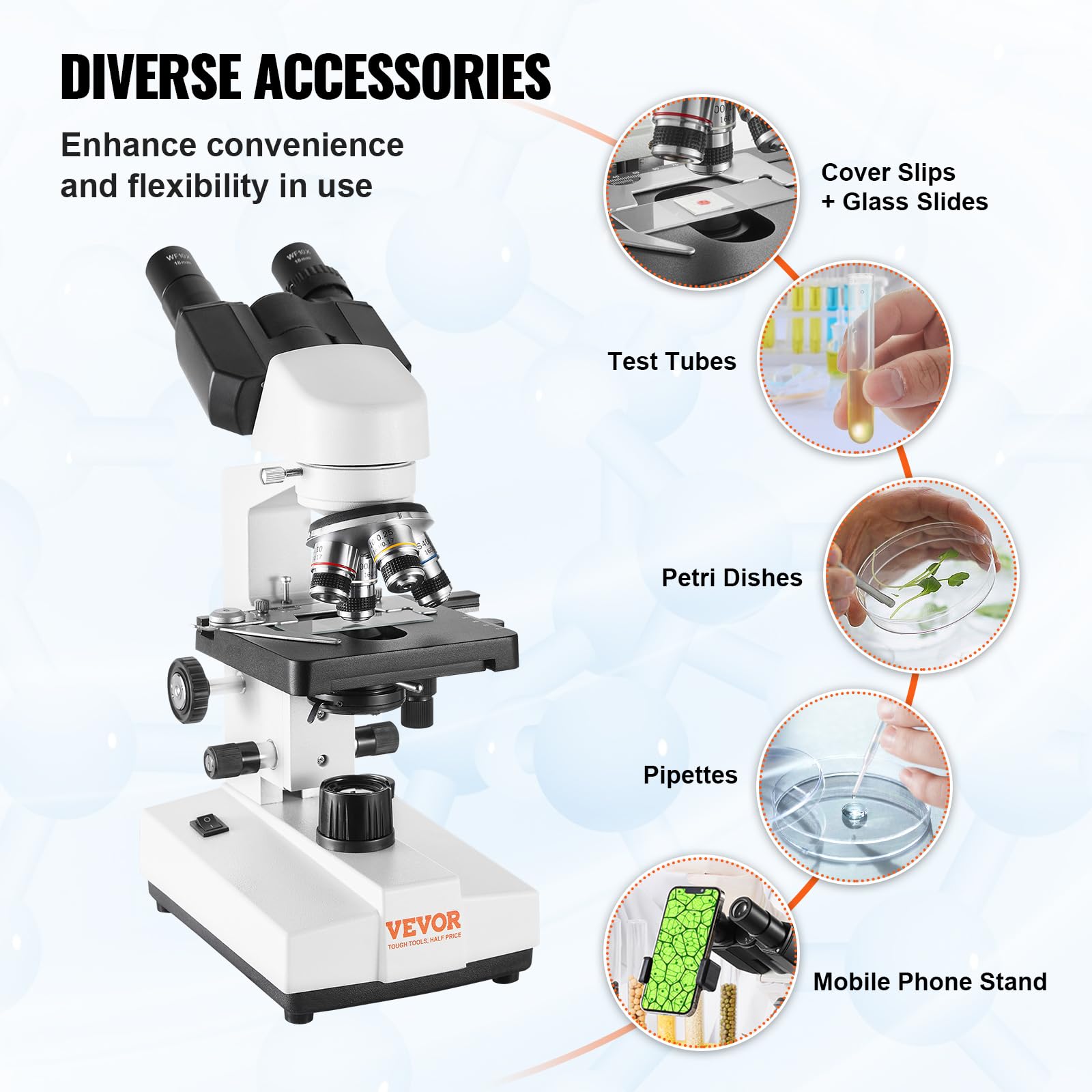 VEVOR Binocular Compound Microscope 40X-2500X Magnification, Professional Lab Microscope with LED Illumination & Phone Adapter - Ideal for Students, Adults, Home & Laboratory Use in Biology, Science Education & Research