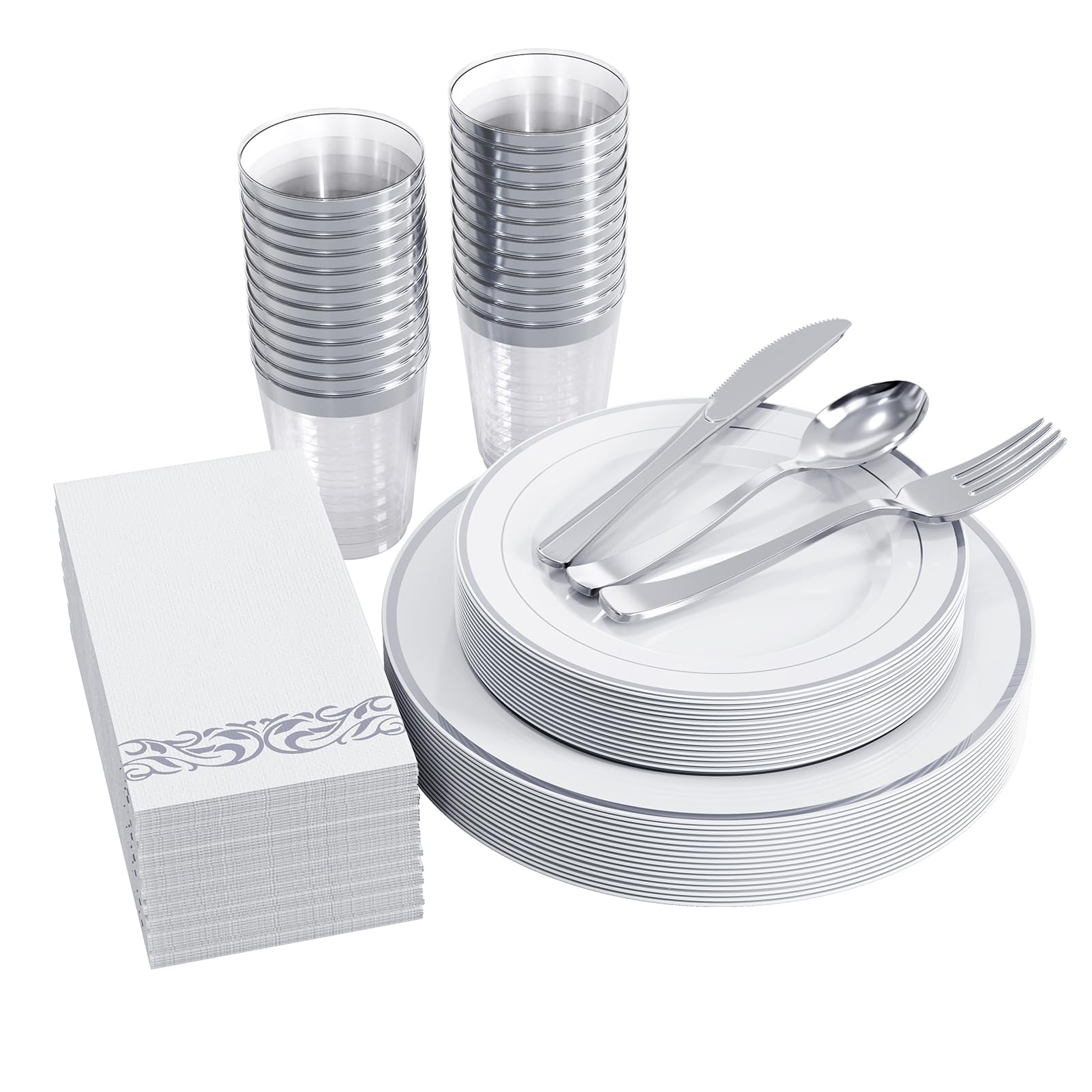 FOCUSLINE 175-Piece Silver Dinnerware Set for 25 Guests - Elegant Disposable White Plastic Plates with Silver Rim, Includes 25 Dinner Plates, Dessert Plates, Silverware Sets, Cups & Napkins - Perfect for Weddings, Parties, Catering & Special Events