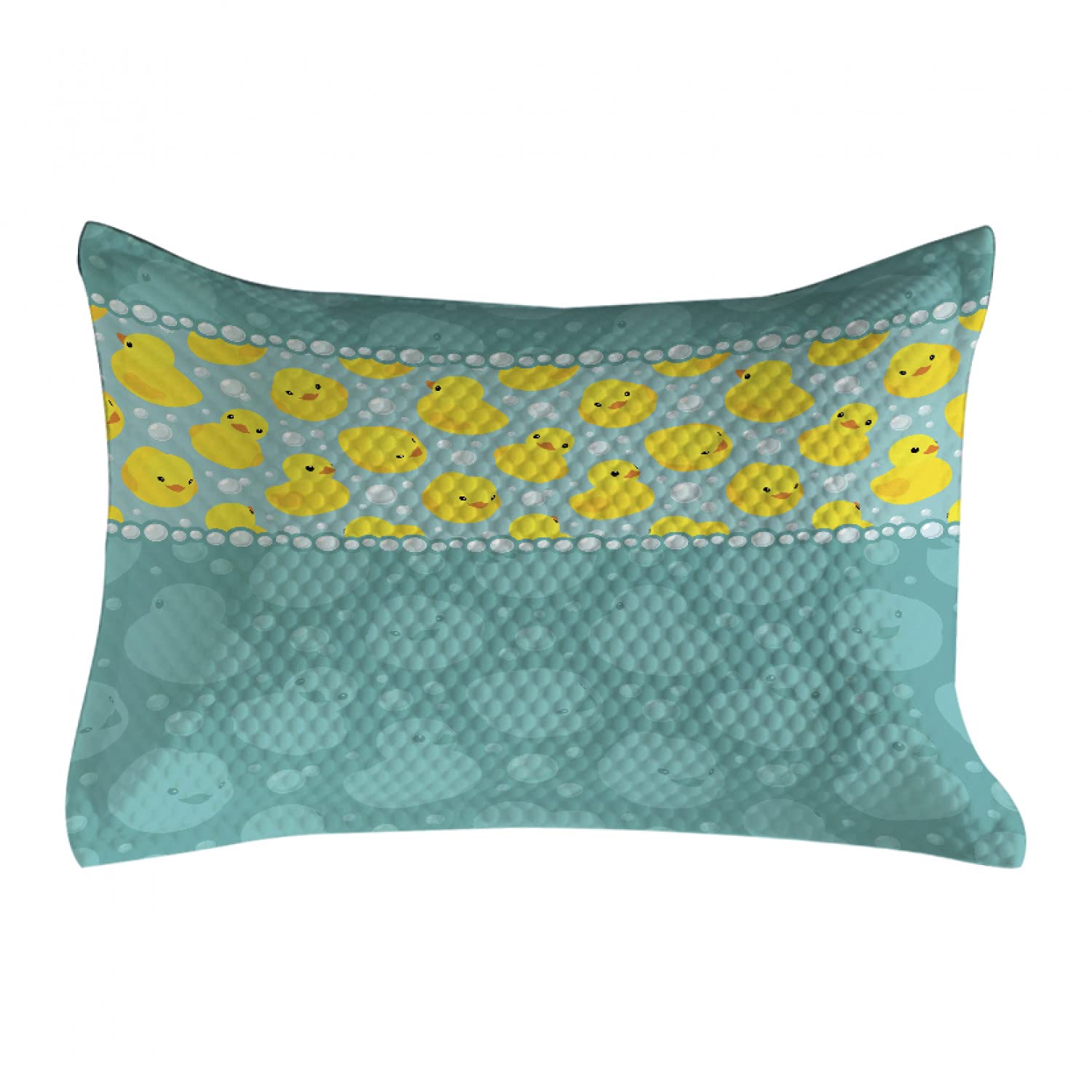 Ambesonne Rubber Duck Quilted Pillow Cover - Cartoon Duckies Swimming in Water with Fun Bubbles, Aqua & Teal Blue Standard Queen Size (30
