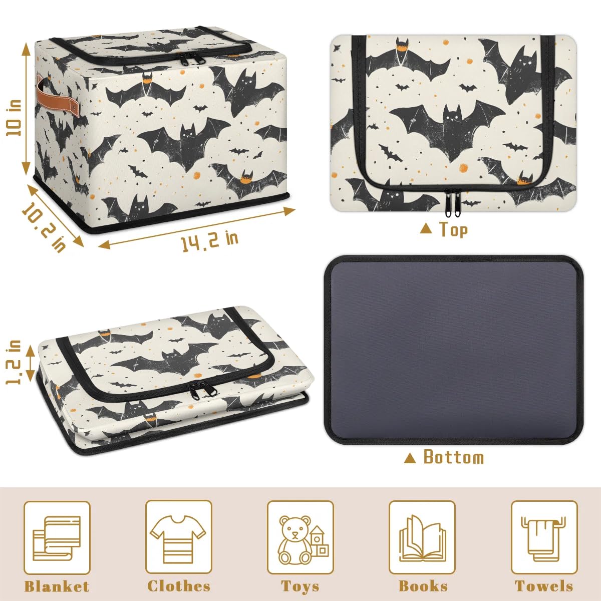 Collapsible Storage Bins with Lids - Halloween Bat Design Stackable Fabric Storage Cubes for Clothes, Toys, Blankets | Dustproof Closet Organizer for Home, Bedroom & Nursery Organization