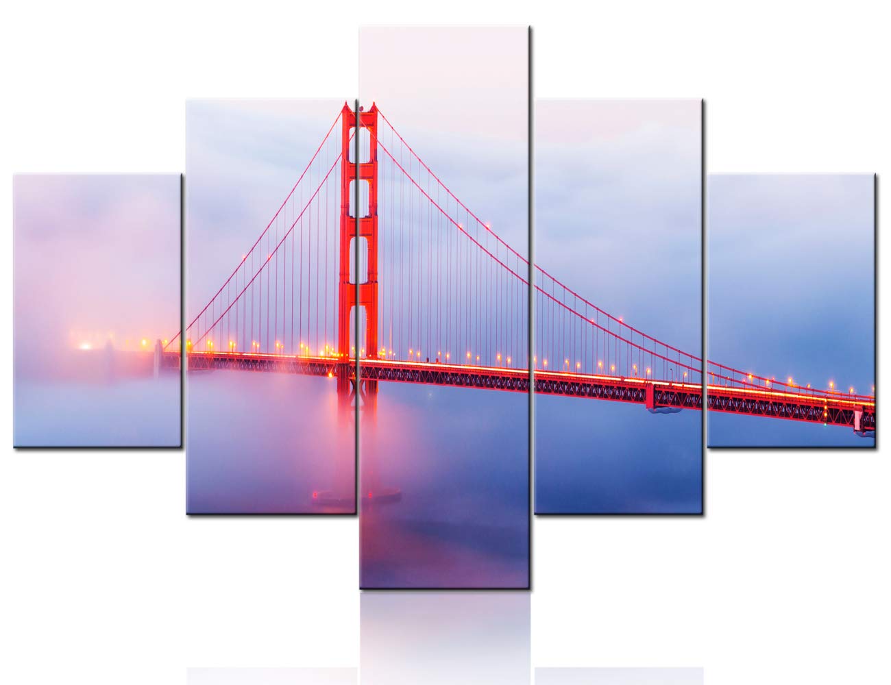 San Francisco City Skyline & Golden Gate Bridge Canvas Wall Art - 5 Panel Framed Painting Set (60