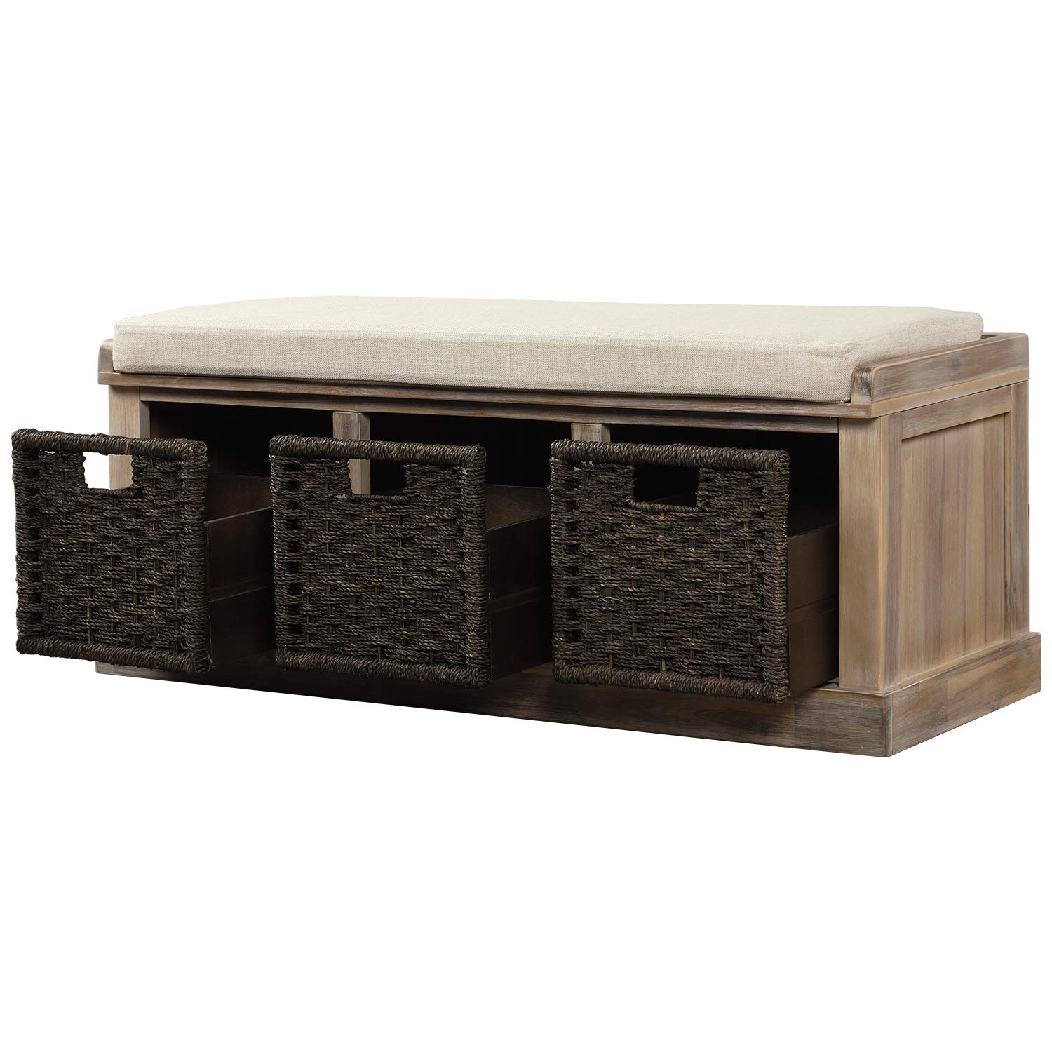 Harper & Bright Designs Rustic Entryway Storage Bench with 3 Removable Baskets & Cushion - Shoe Organizer Bench for Living Room, Hallway, Bedroom - Perfect for Small Spaces, Entryway Decor & Shoe Storage Solutions