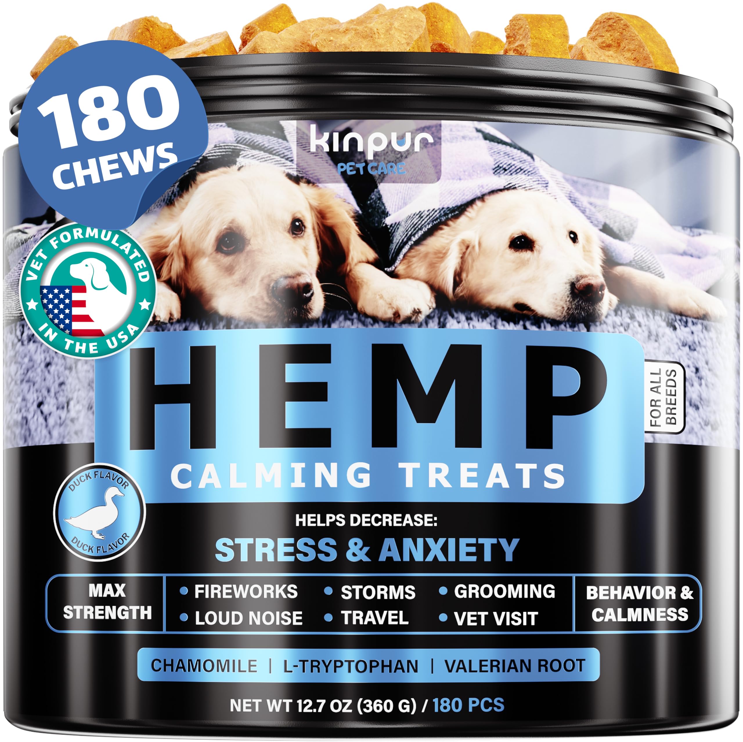 Calming Hemp Oil Dog Treats with Duck Flavor - 180 Chews for Anxiety Relief During Thunderstorms, Fireworks & Travel - Natural Stress Support for Dogs - Perfect for Nervous Pets, Separation Anxiety & Car Rides