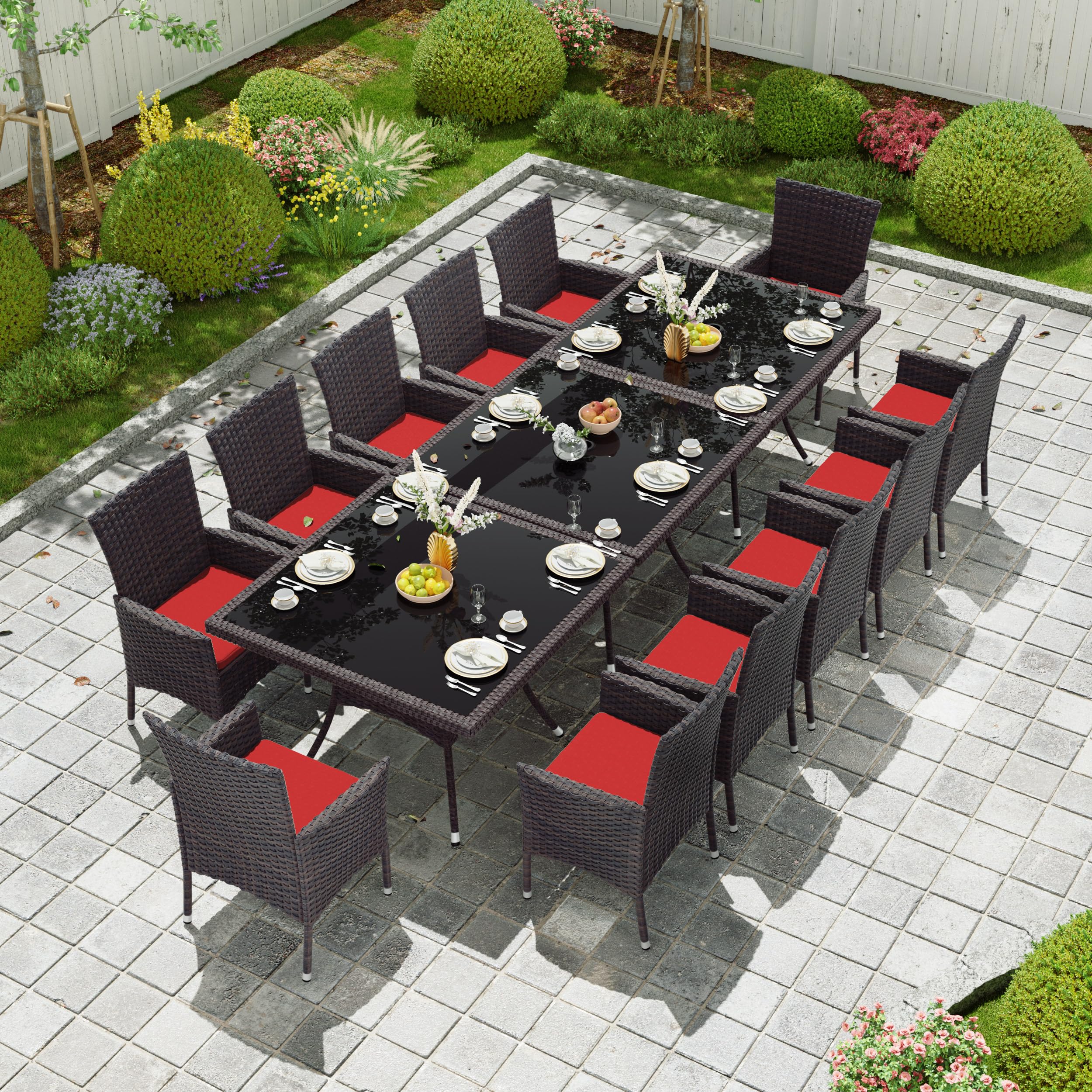 Premium 15-Piece Outdoor Dining Set - Rattan Patio Furniture with Square Glass Table & 12 Cushioned Chairs - Perfect for Backyard, Garden, Poolside & Outdoor Entertaining