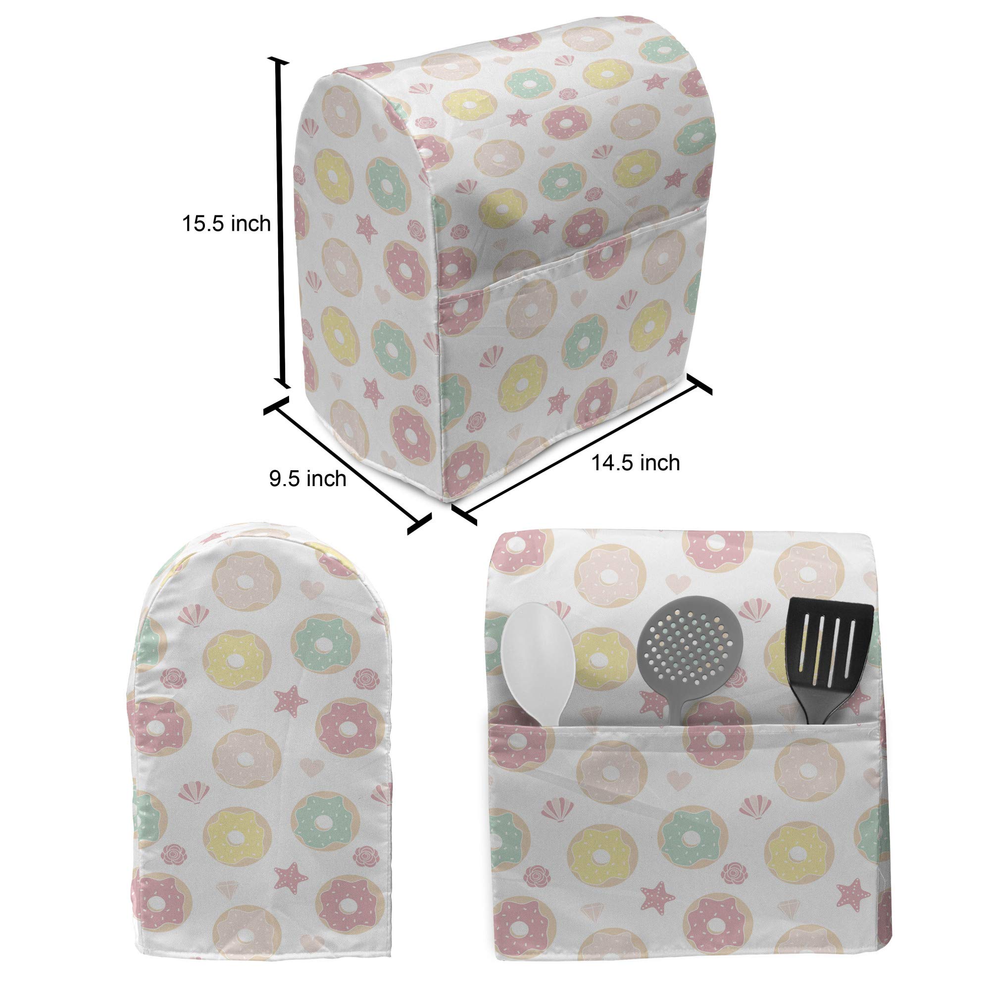Ambesonne Donut Stand Mixer Cover - Pastel Glazed Bakery Print Kitchen Appliance Organizer with Pocket (Fits 6-8 Quart Mixers, White Multicolor) - Perfect for Baking Enthusiasts & Kitchen Organization