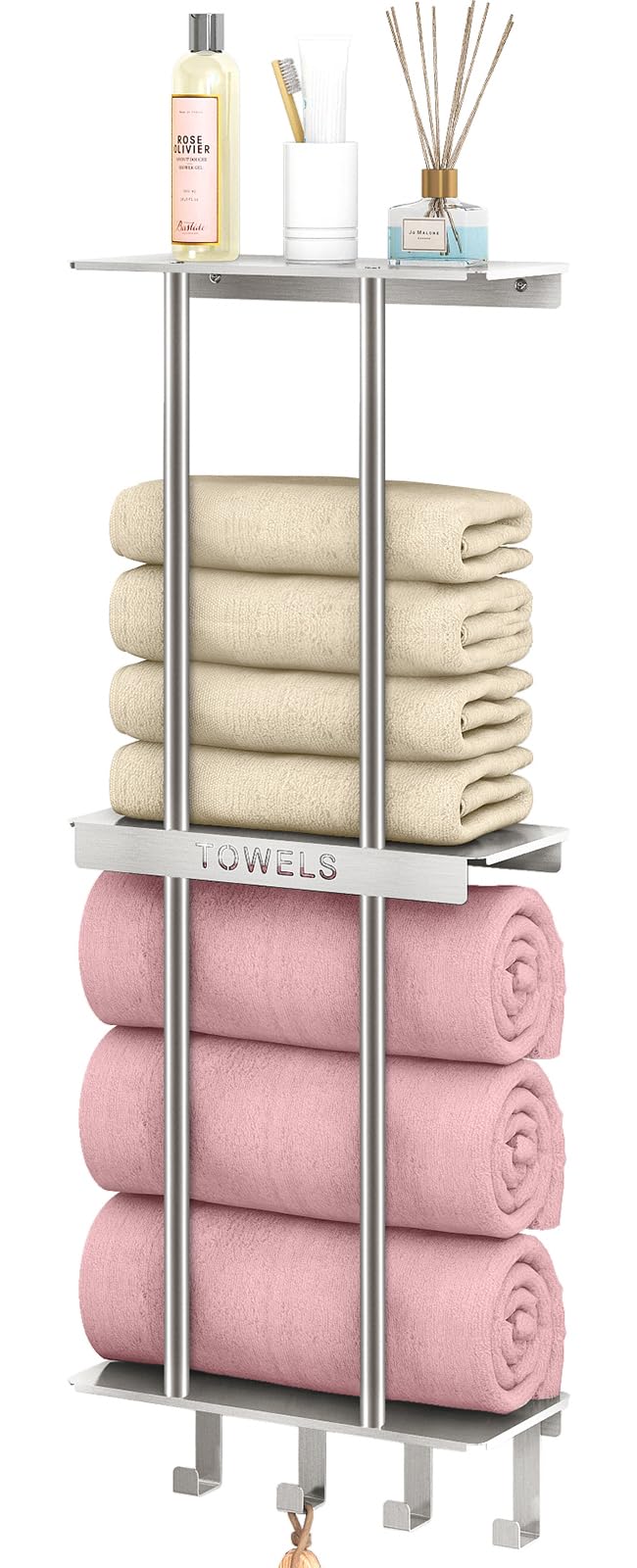 3-Tier Wall Mounted Towel Rack with 4 Hooks - Brushed Nickel Bathroom Towel Storage Organizer for Rolled Towels, Hand Towels & Washcloths - Perfect for Small Bathrooms, Spa & Guest Rooms