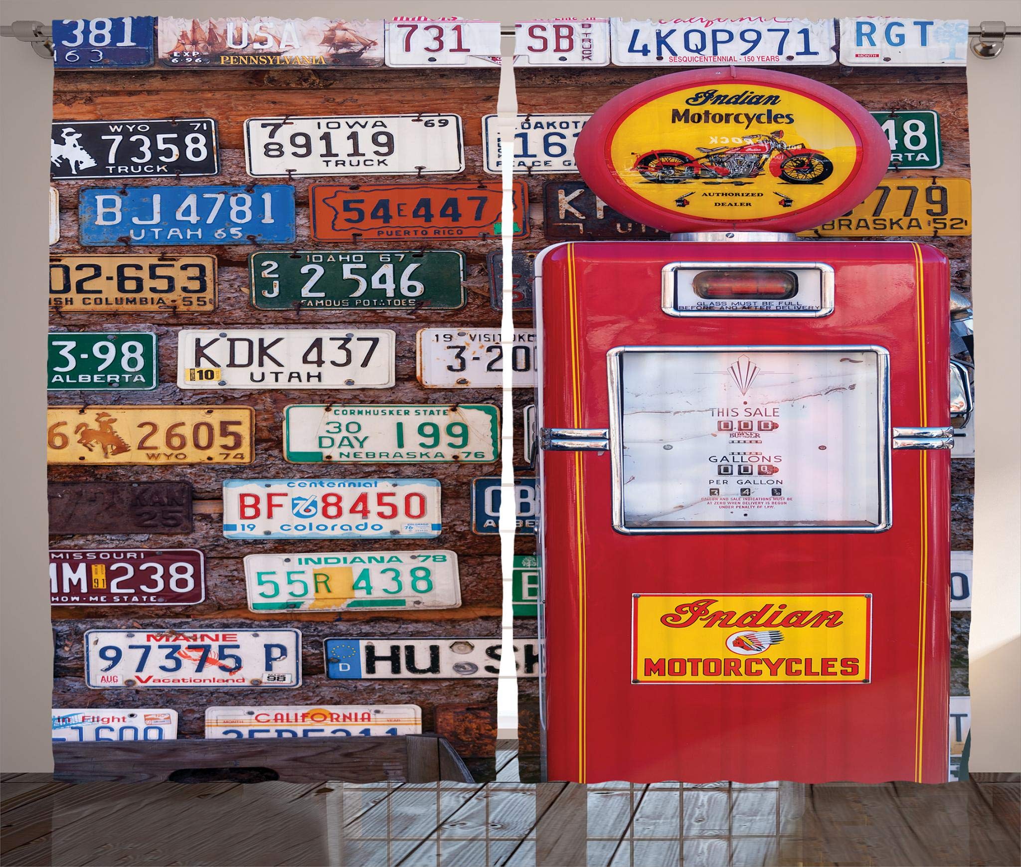 Ambesonne Vintage Americana Curtains - 2 Panel Set with Old American License Plates & Antique Gas Pump Design, 108