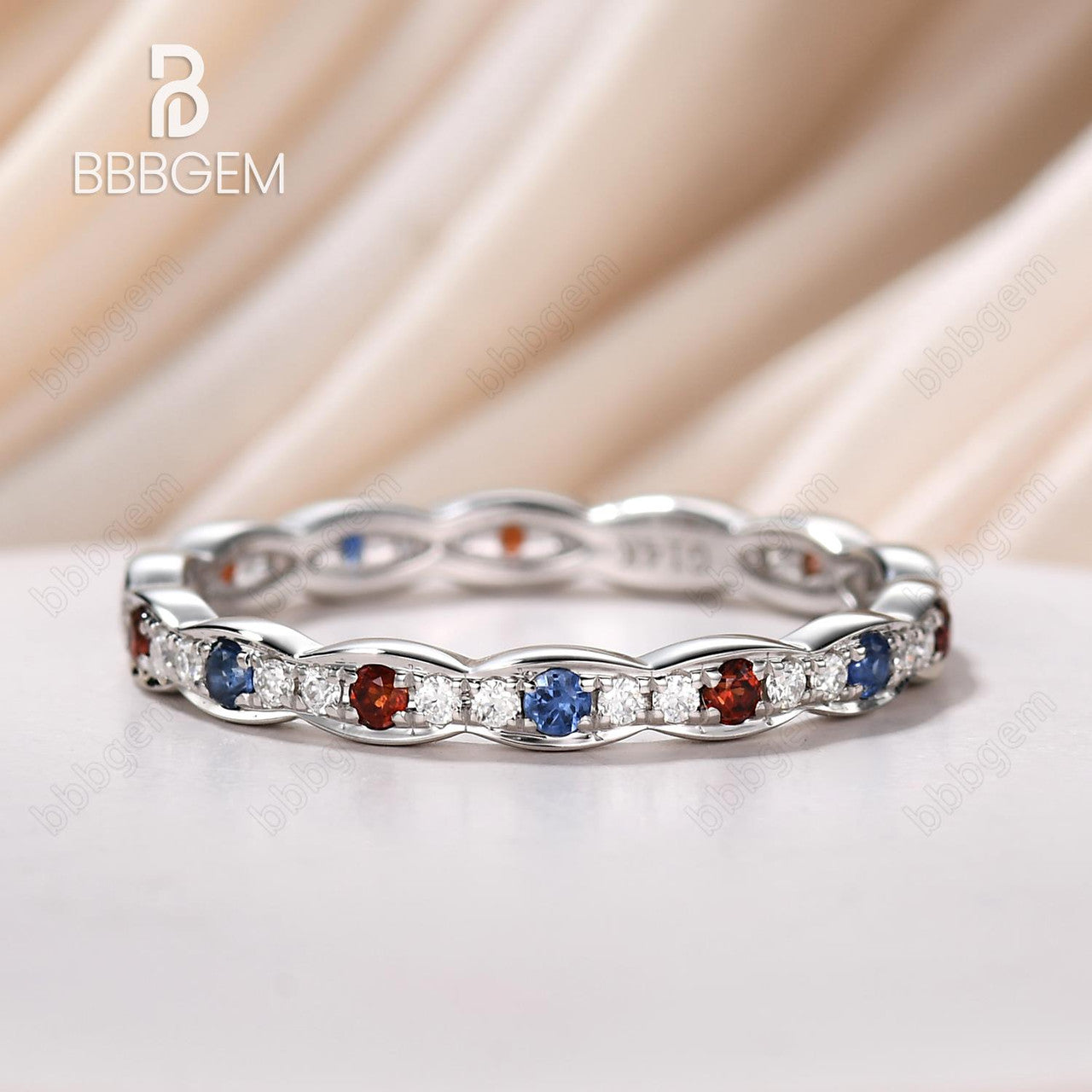 Platinum Garnet Sapphire Moissanite Diamond Eternity Stackable Wedding Band Set - Anniversary & Birthday Gift for Women, Perfect for Valentine's Day, Proposal, or Bridal Jewelry