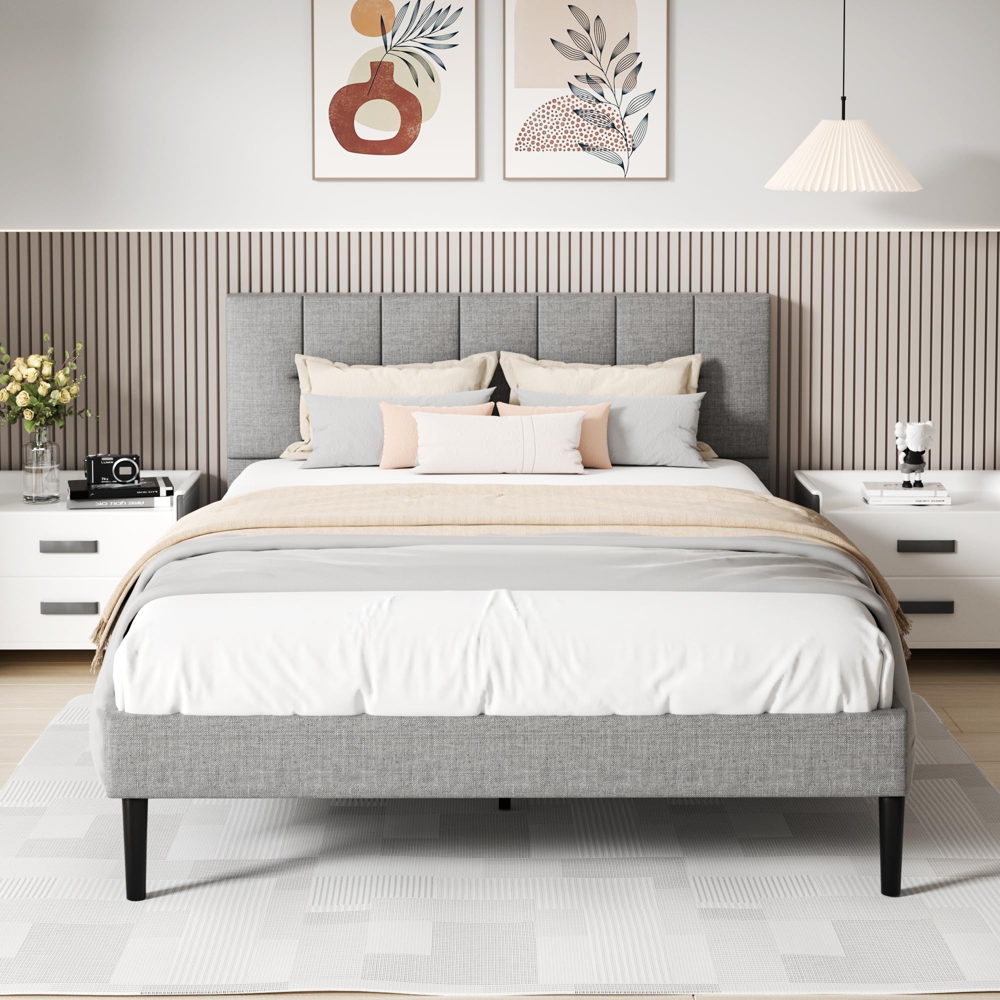 UNIZONE Queen Size Bed Frame with Button Tufted Upholstered Headboard - Wooden Slat Support Platform Bed - No Box Spring Needed - Easy Assembly - Light Gray Fabric - Perfect for Master Bedroom, Guest Room & Small Spaces