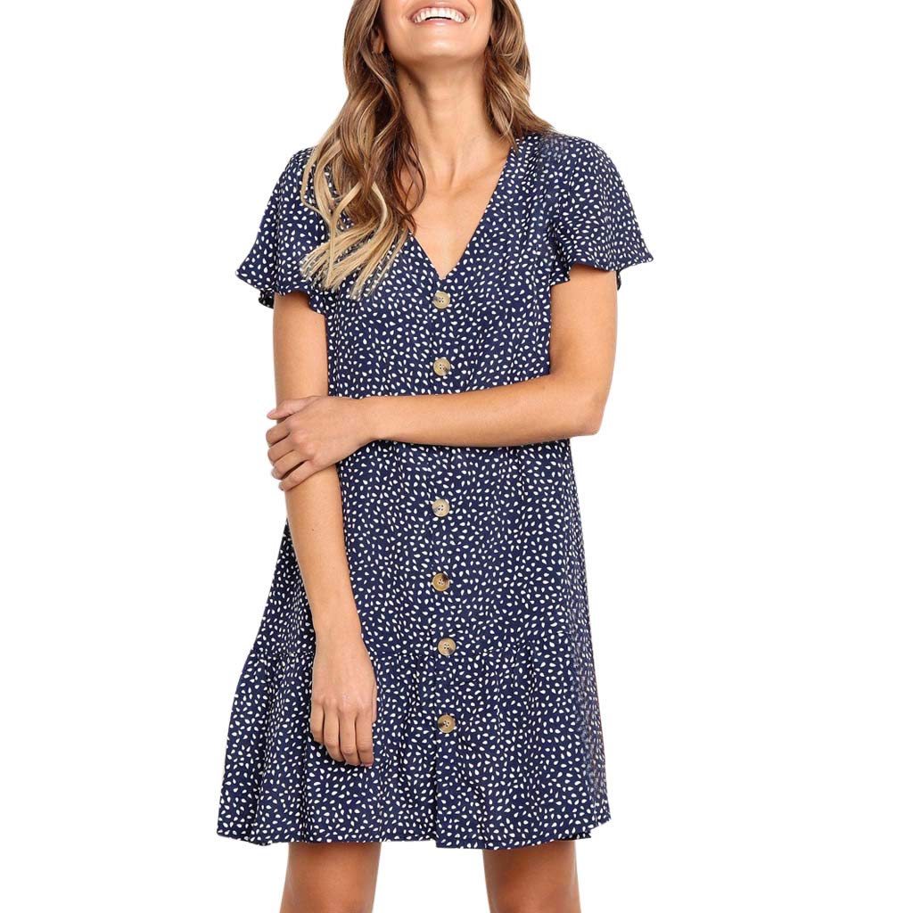 KASAAS Women's Sundress - Button Print Ruffles V-Neck Sleeveless Mini Dress for Beach, Evening Party & Summer Outings | Flowy Casual Dress for Vacation, Date Night & Outdoor Events