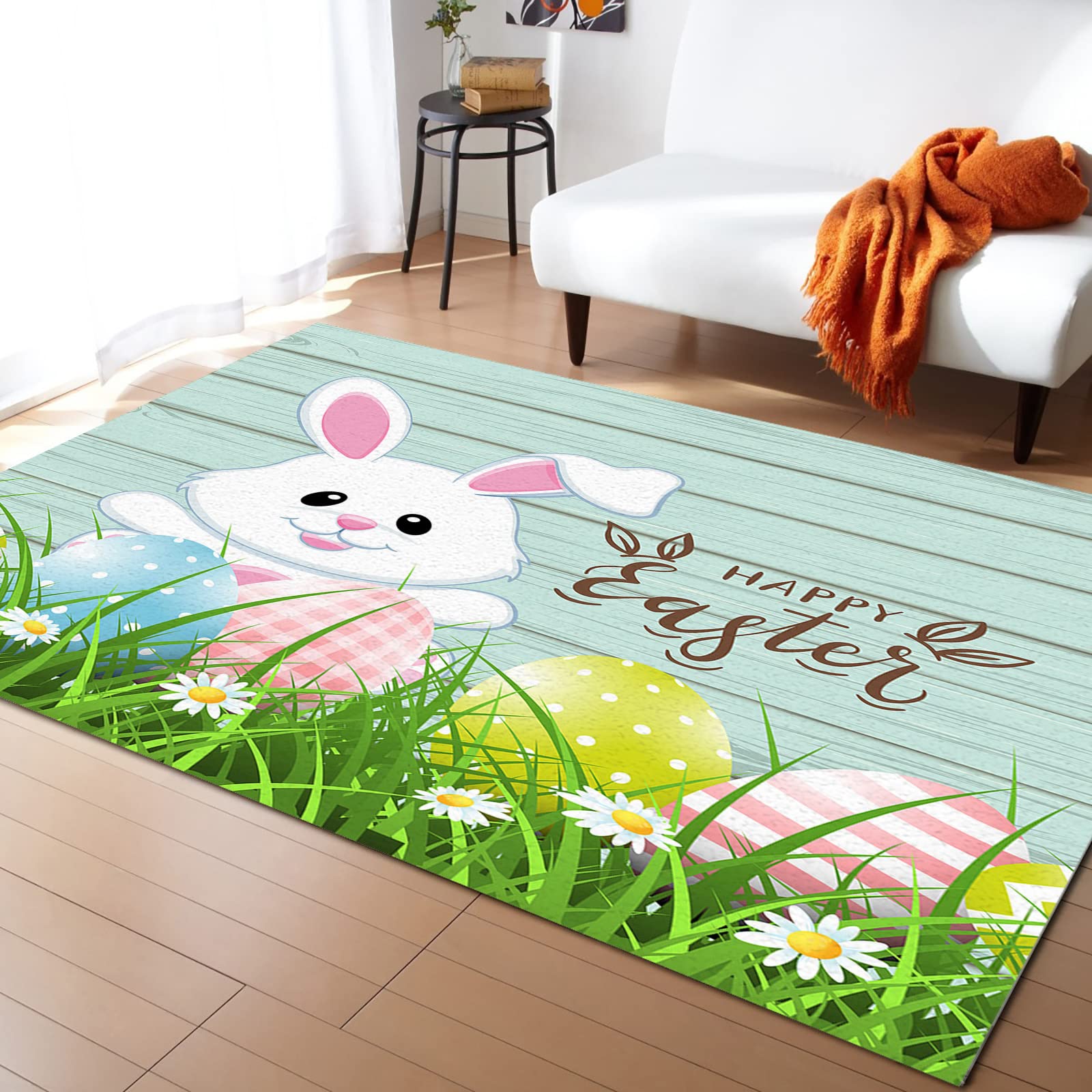 5x8 Washable Non-Shedding Area Rug - Easter Bunny Spring Grass Design for Living Room, Bedroom, Dining & Kids Room Decor | Soft Floor Cover Mat with Teal Wooden Eggs Pattern - Perfect for Easter Celebrations & Home Makeover