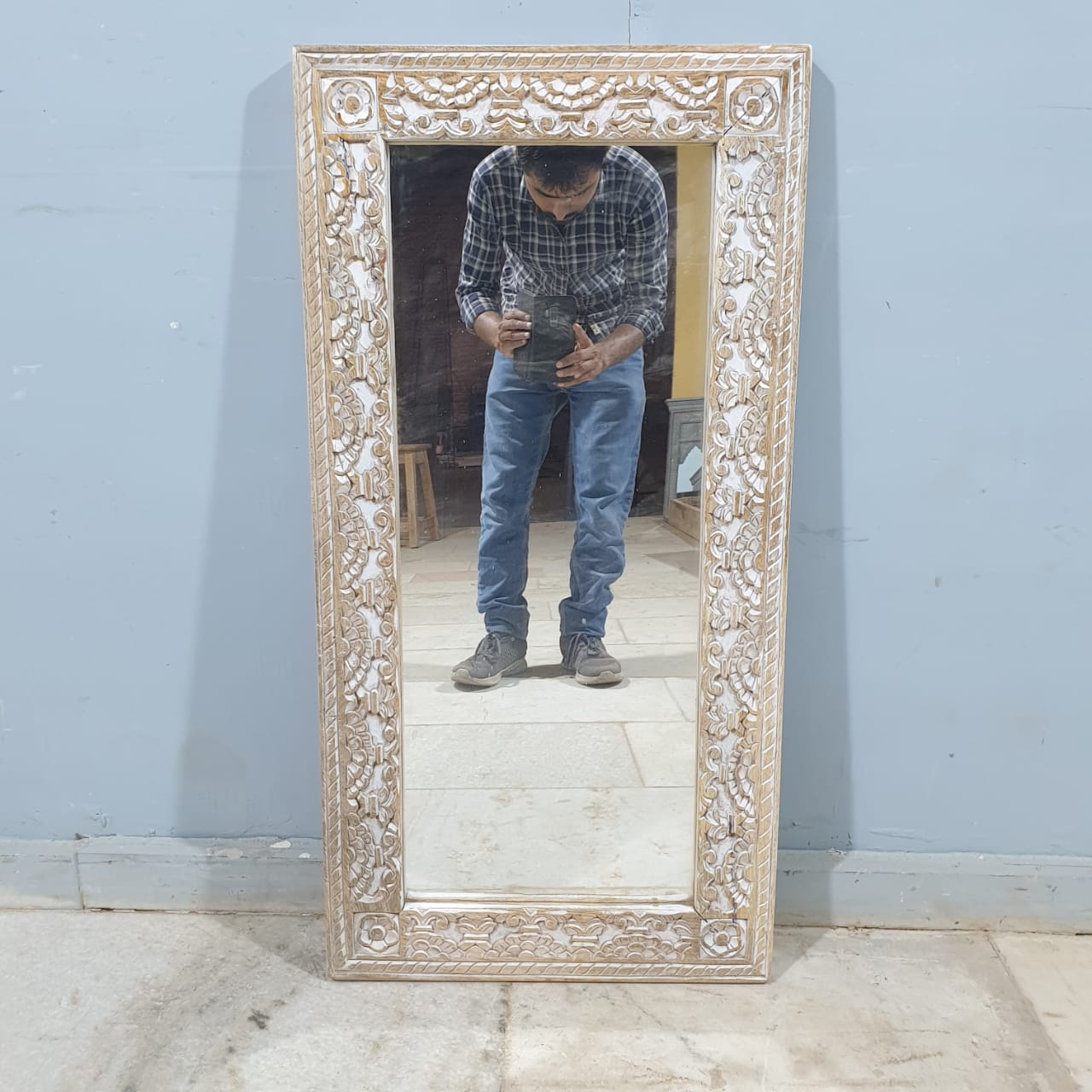 Handmade Indian Wooden Mirror Frame - Carved Whitewash Design 45x3x80cm - Boho Wall Decor for Bedroom, Living Room & Entryway