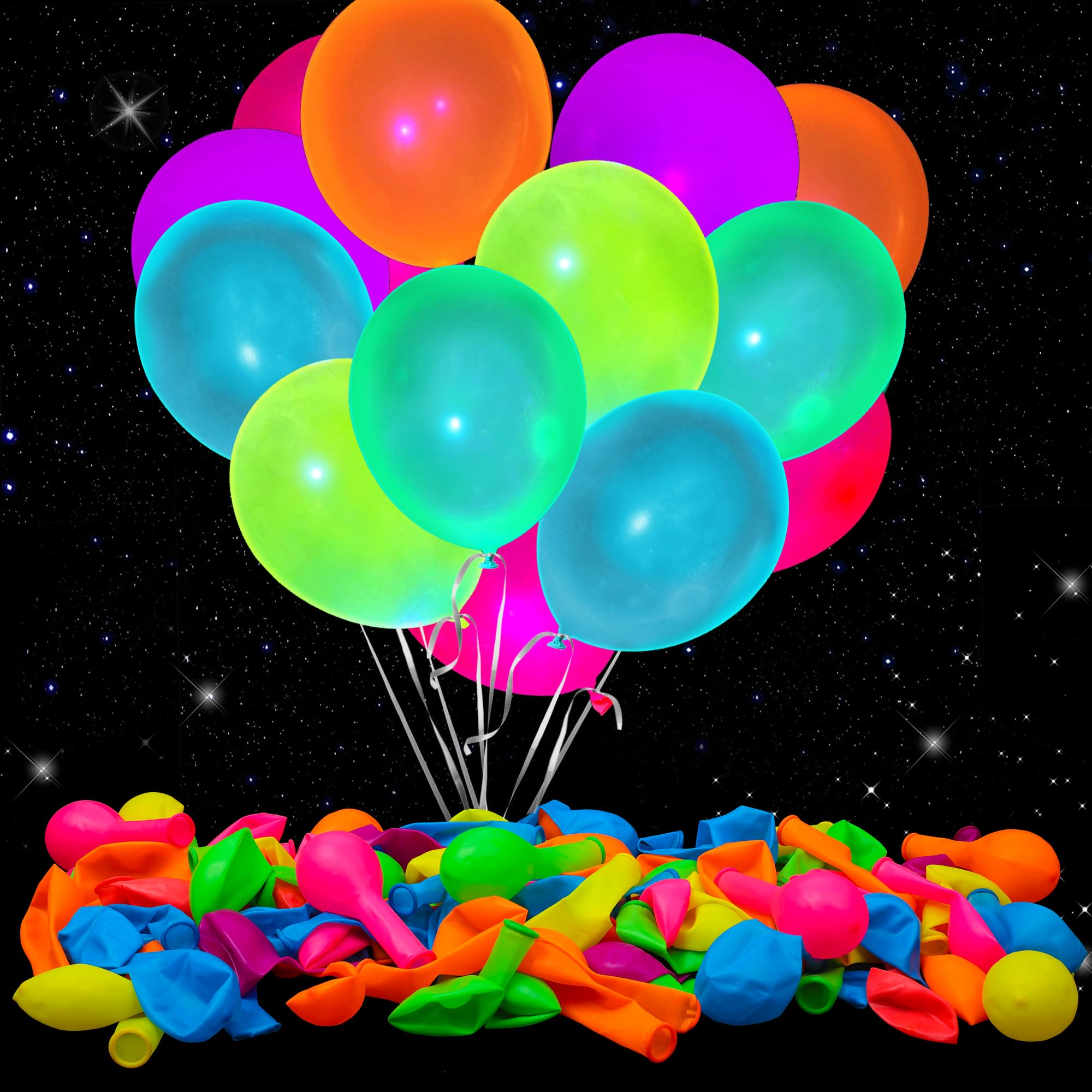 100 Pcs UV Neon Balloons - Blacklight Reactive Fluorescent Party Balloons for 80s Theme, Birthday, Wedding, Glow Party | Glow in the Dark Decorations for Night Events, Raves & Club Parties