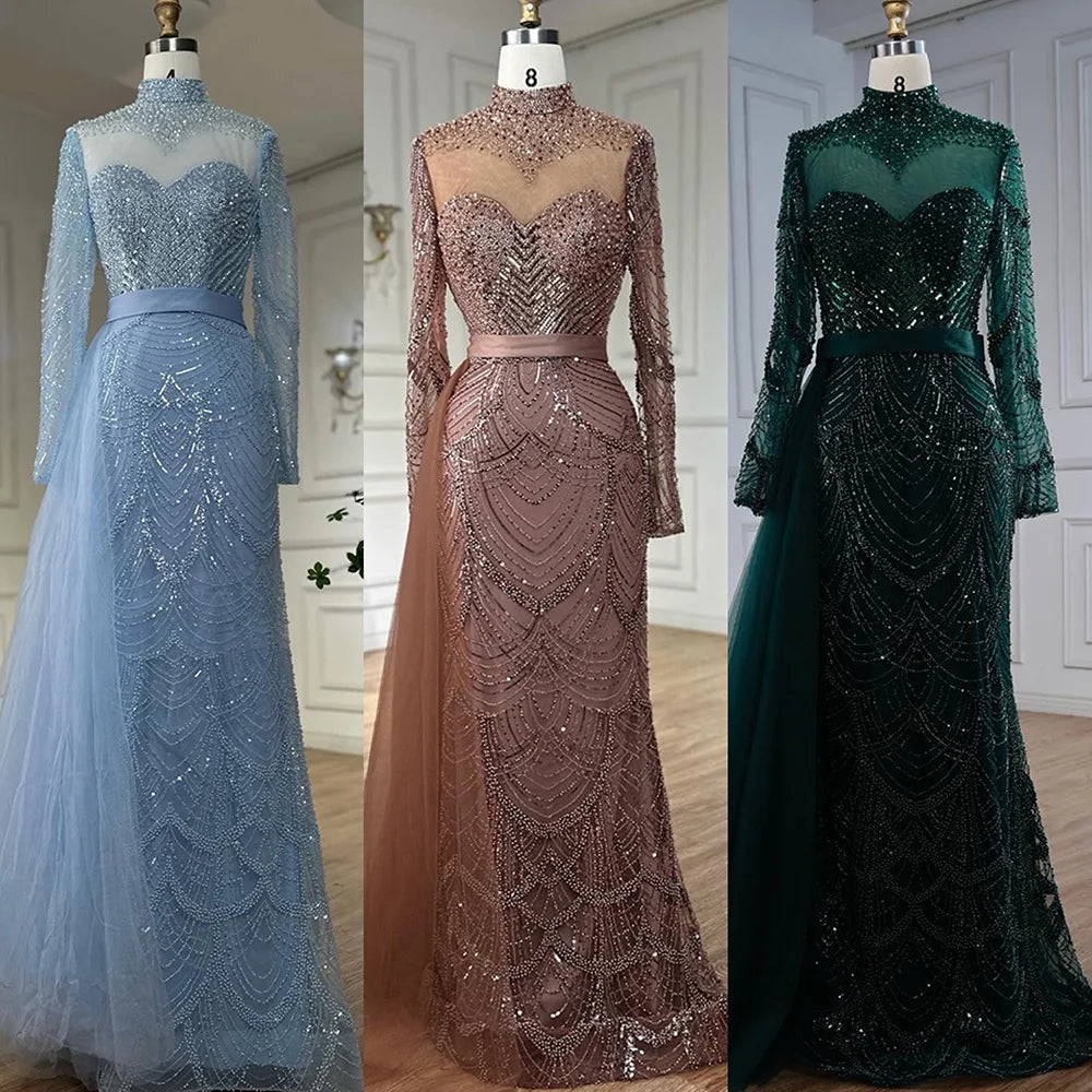 Elegant Brown Beaded Mermaid Evening Gown with Detachable Side Overskirt LA71913A - Perfect for Prom, Gala & Formal Events