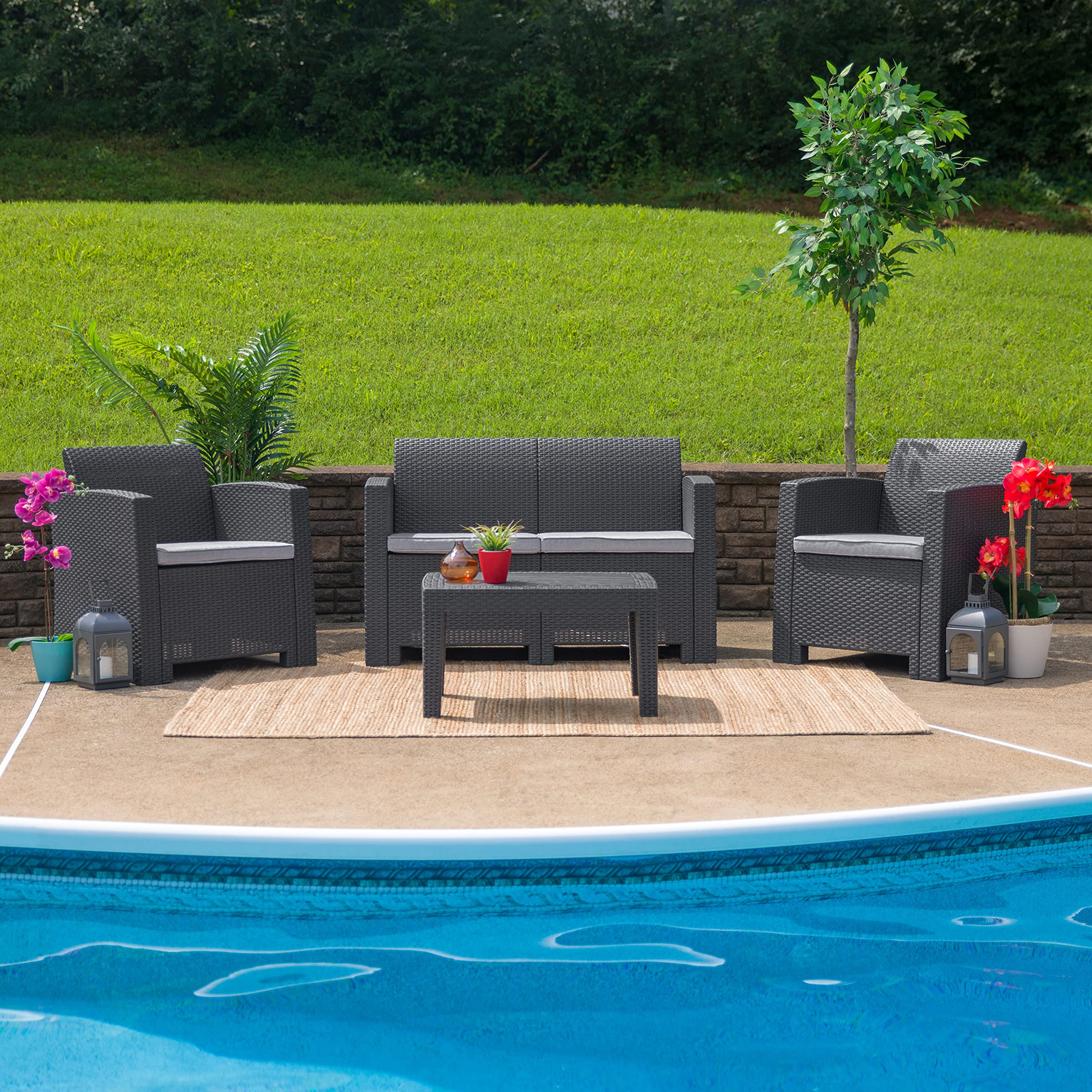 Flash Furniture Seneca Dark Gray Faux Rattan Loveseat with All-Weather Light Gray Cushions - Outdoor Patio, Garden, Poolside Seating for Backyard & Porch