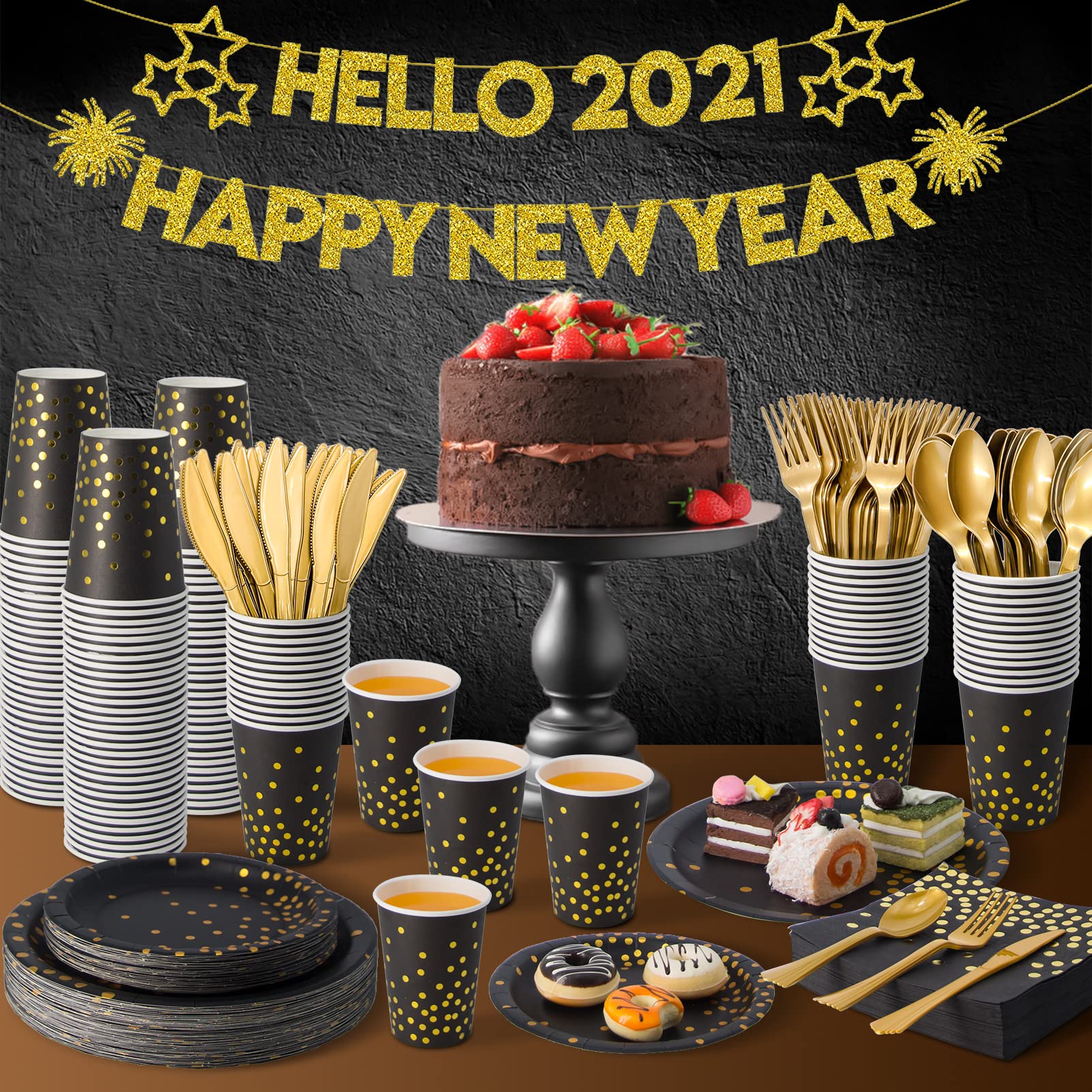 350PCS Black and Gold Party Supplies Set - Disposable Dinnerware with Gold Dot Paper Plates, Napkins, Cups & Plastic Cutlery for Birthday, Wedding, Baby Shower Decorations - Elegant Tableware for Women & Men's Special Events