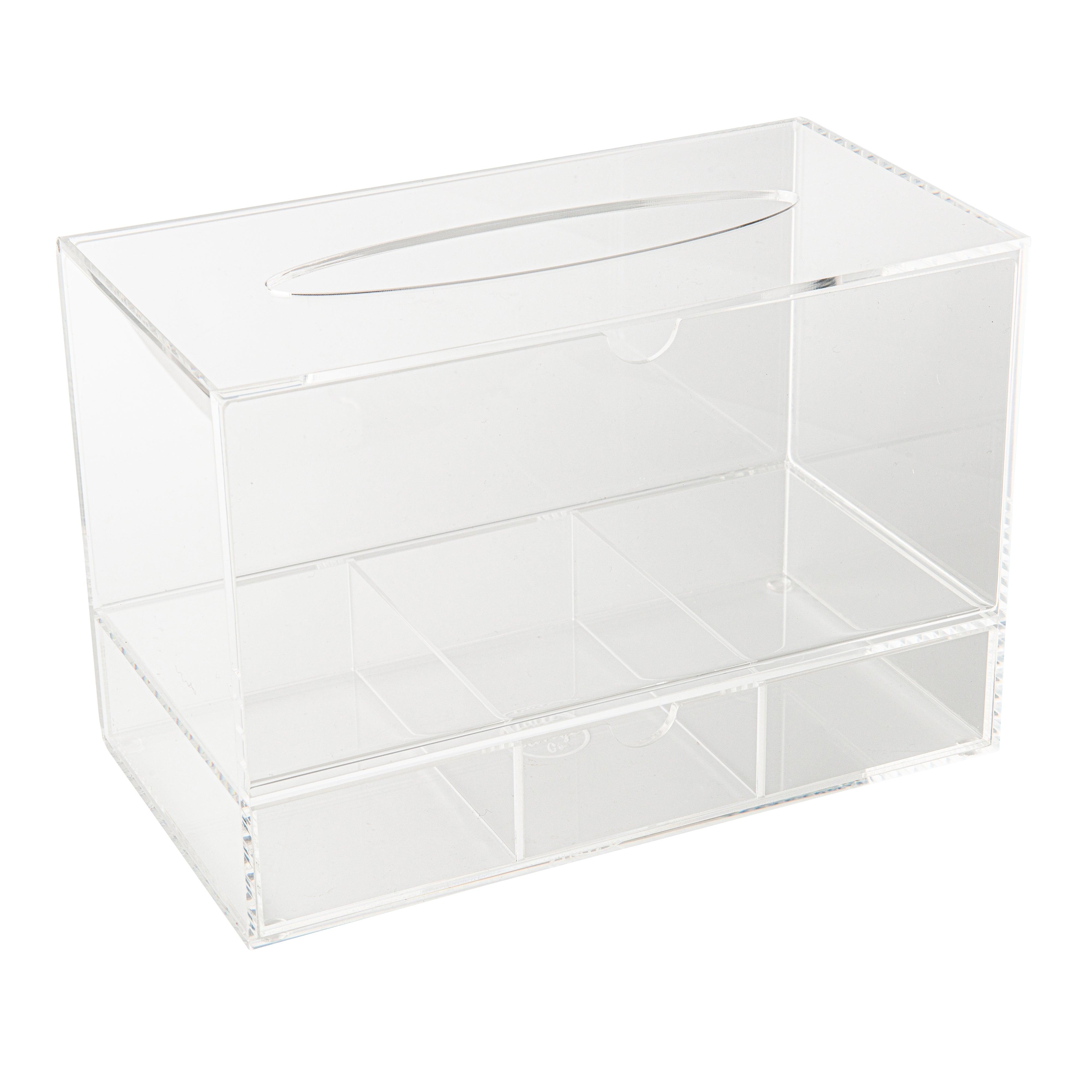 Clear Acrylic Tissue Box Holder with Pull-Out Storage - Modern Home & Office Organizer for Bathroom, Living Room, or Bedroom