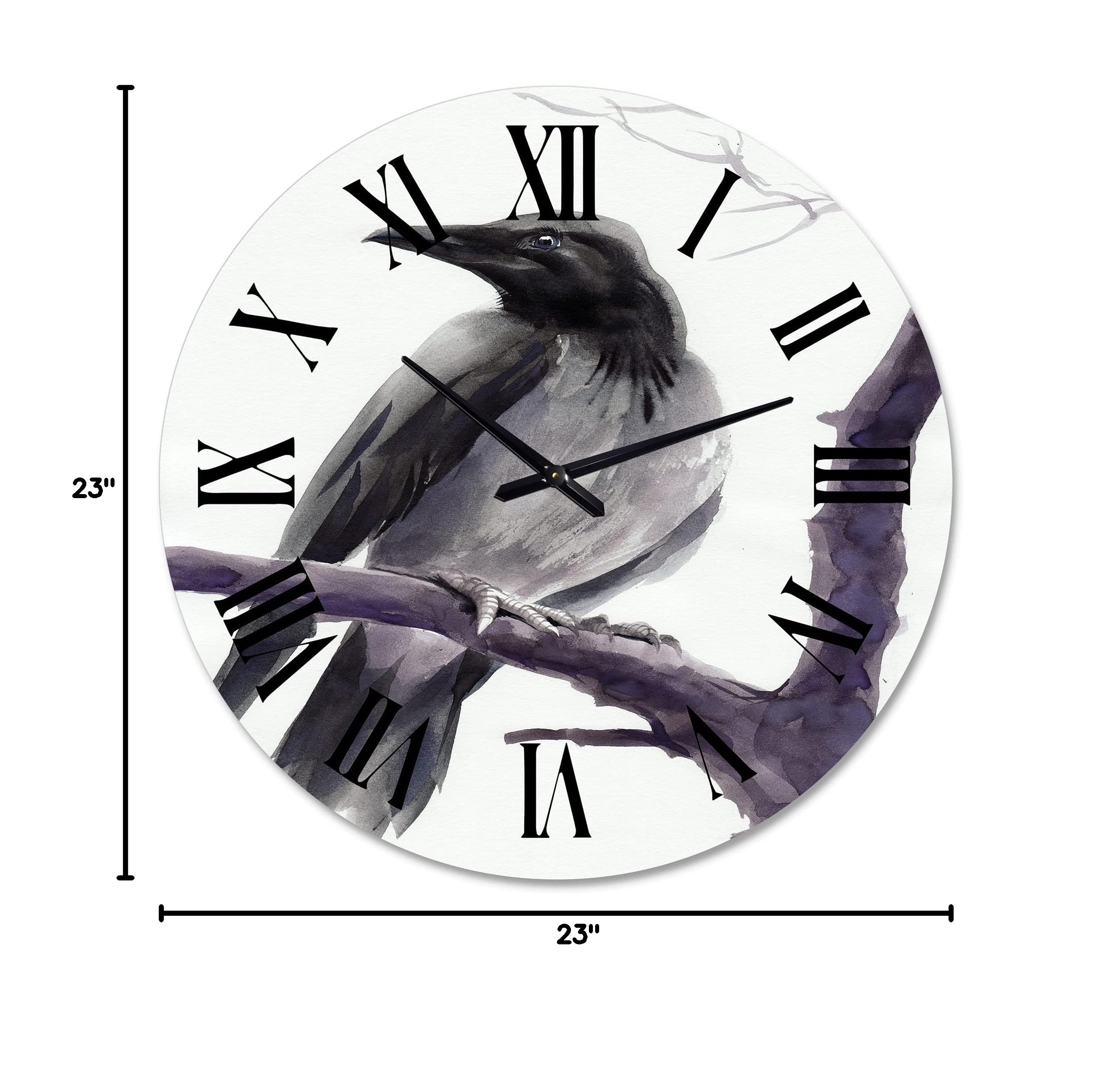 DesignQ Traditional Wall Clock 'Big Crow On A Branch' - Large Decorative Animal Wall Clock for Bedroom, Living Room, Office - Silent Non-Ticking Home Décor with Premium Wooden Frame