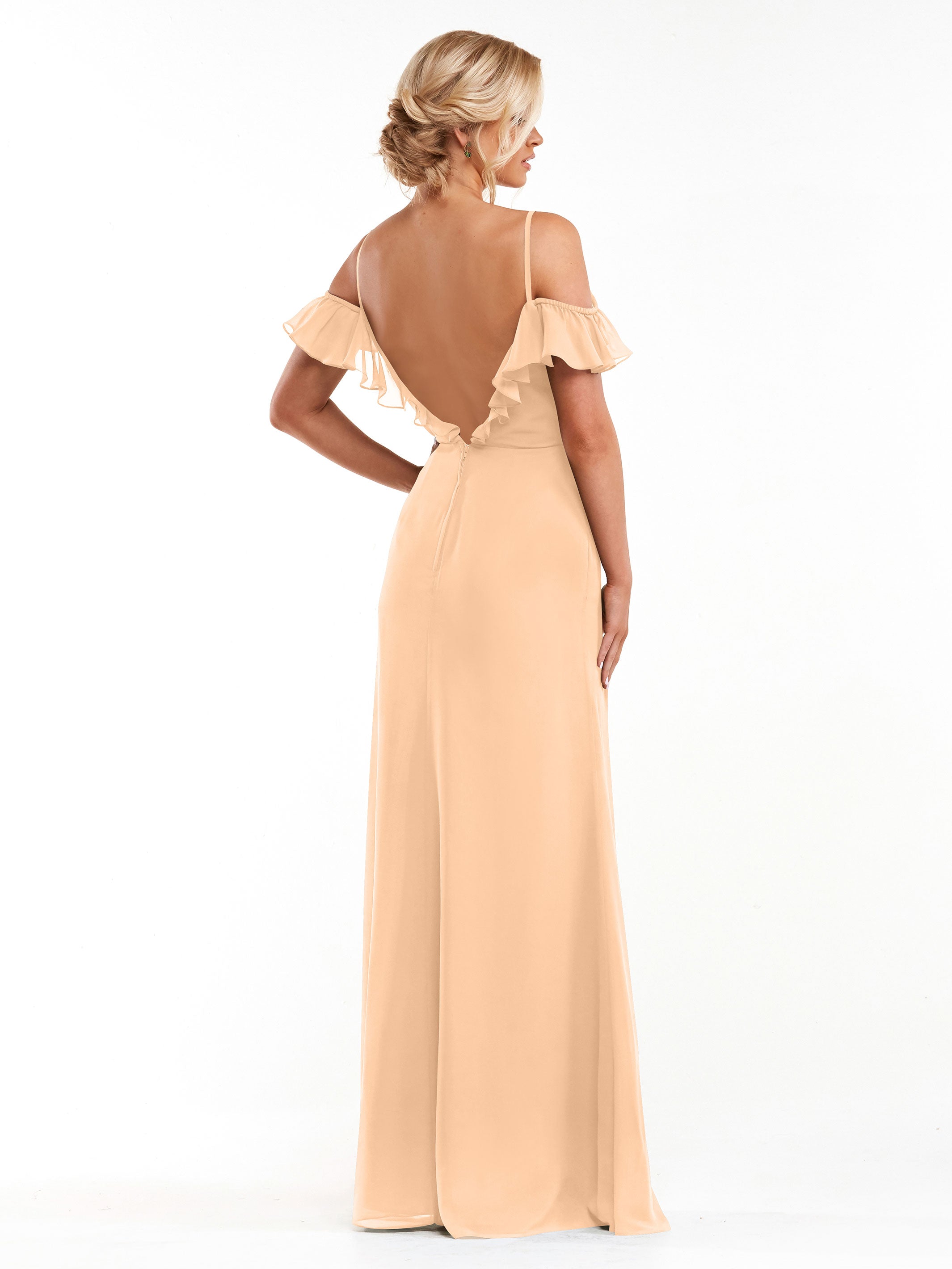 Elegant 80172 Chiffon Off-The-Shoulder A-Line Bridesmaid Dress with Ruffled Neckline - Perfect for Weddings, Formal Events & Evening Parties