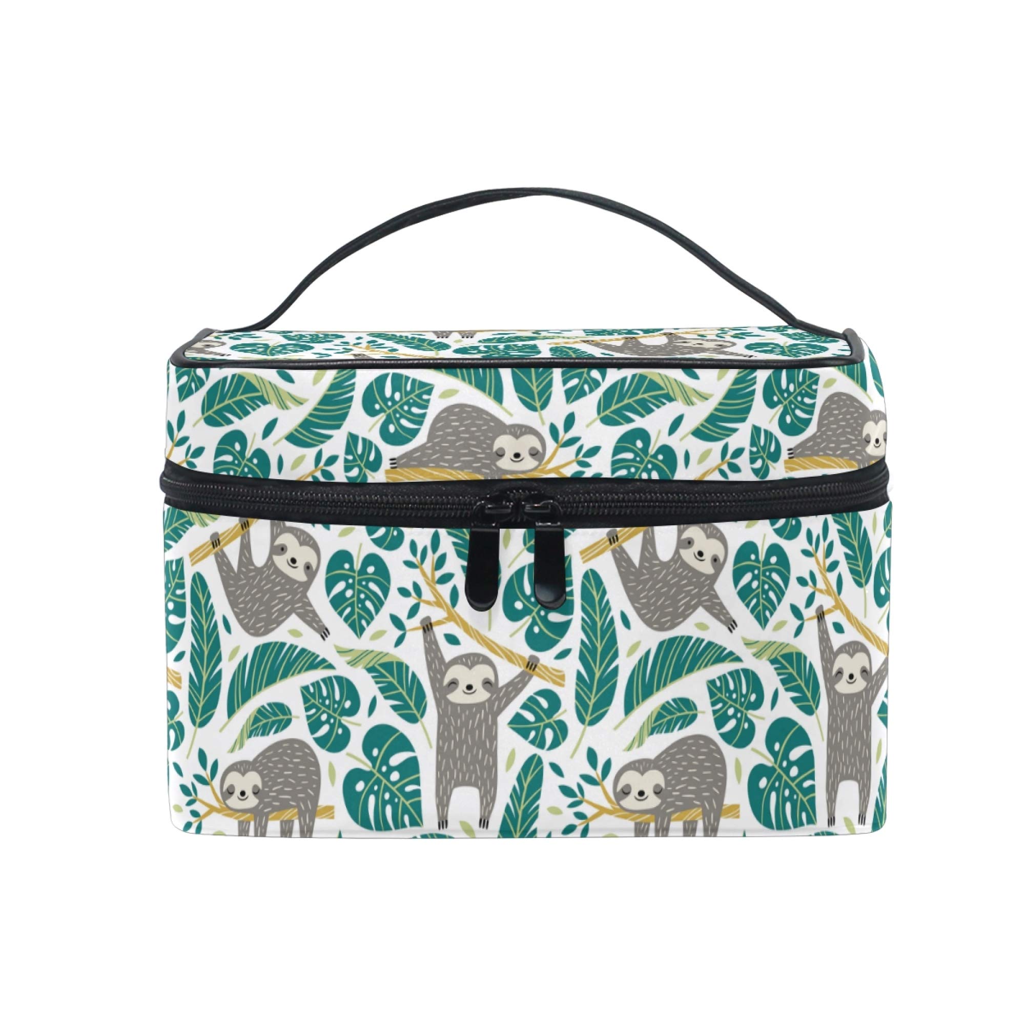 Cute Sloths & Tropical Palm Leaves Makeup Bag - Waterproof Travel Cosmetic Organizer for Women, Girls, Ladies - Perfect for Vacation, Gym, Beach & Daily Use