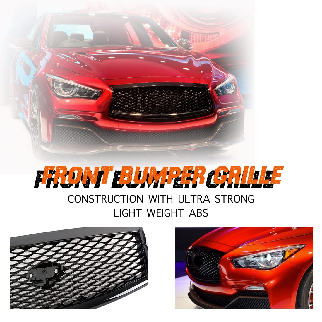 2014-2017 Infiniti Q50 Front Upper Bumper Grille Hood Cover - ABS Eau Rouge Style Glossy Black Replacement | Perfect for Car Customization & Performance Upgrade