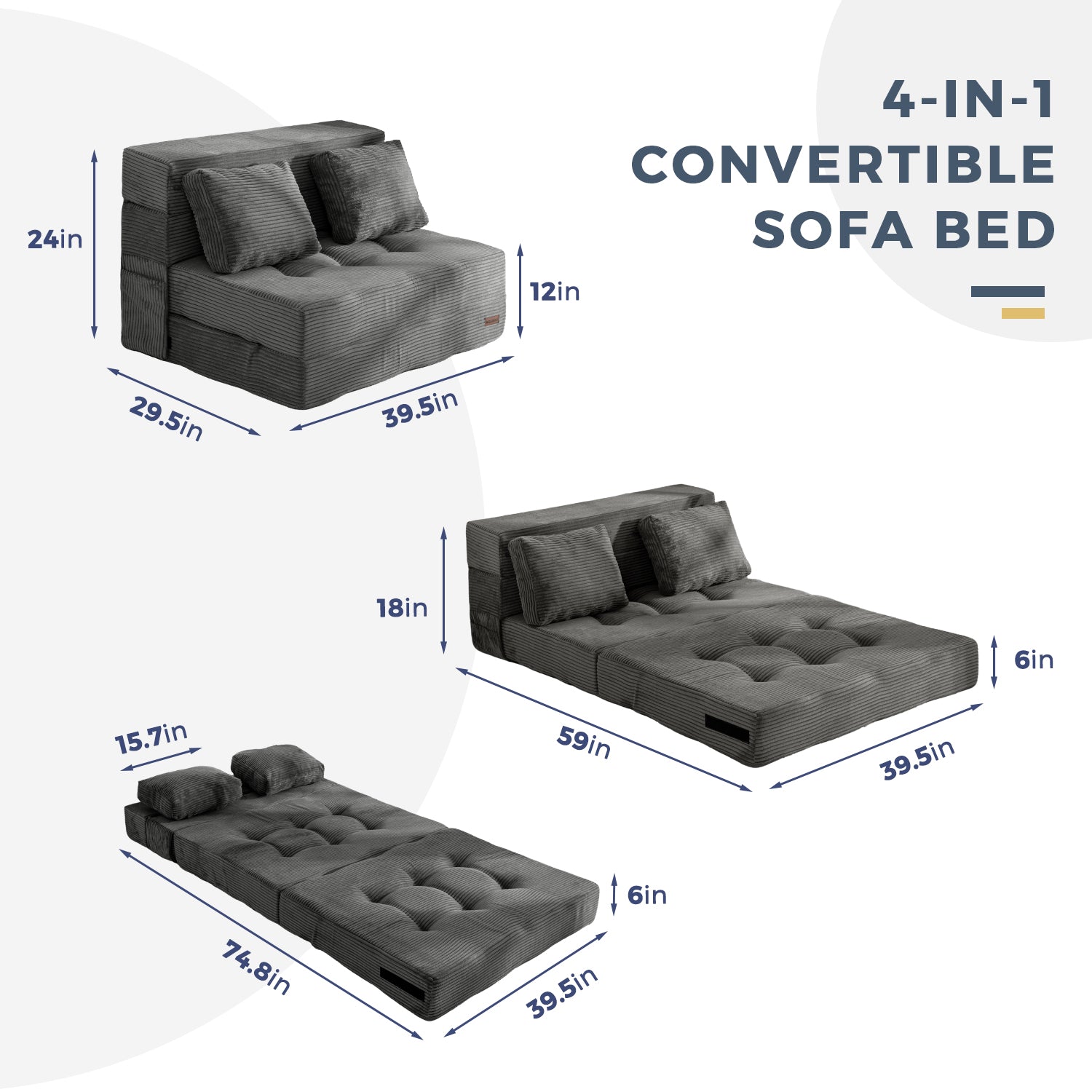 MAXYOYO 4-in-1 Convertible Sofa Bed Chair - Foldable Floor Couch for Small Spaces, Dark Grey - Perfect for Studio Apartments, Guest Rooms & Dorm Living