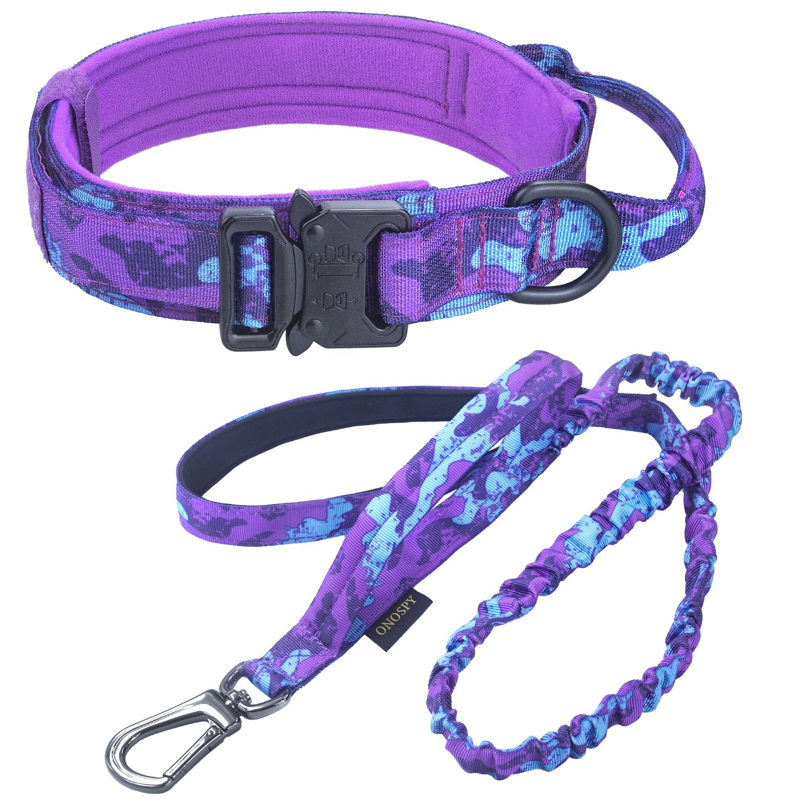 Tactical Dog Collar & Bungee Leash Set - Military Camo Adjustable K9 Collar with Heavy Duty Metal Buckle for Large Dogs | Durable Training Gear for Hiking, Running & Outdoor Adventures