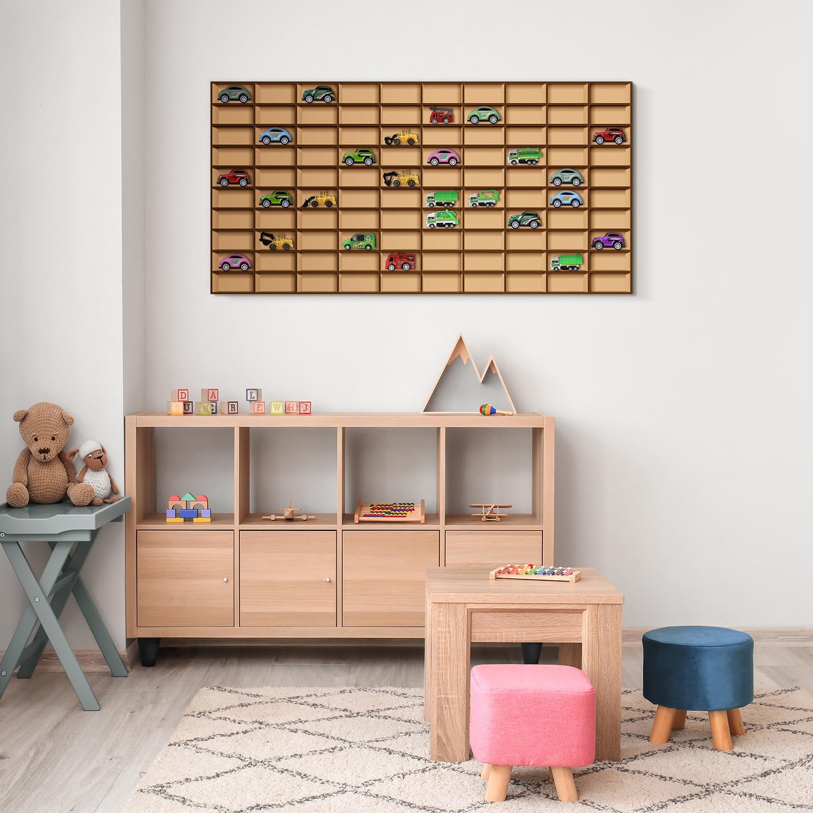 2 Pack Wooden Toy Car Display Case with 110 Spaces - Wall Mounted Storage Shelf for Collectibles, Figurines & Shot Glasses | Perfect for Birthday Gifts, Home Decor & Collector Showcase