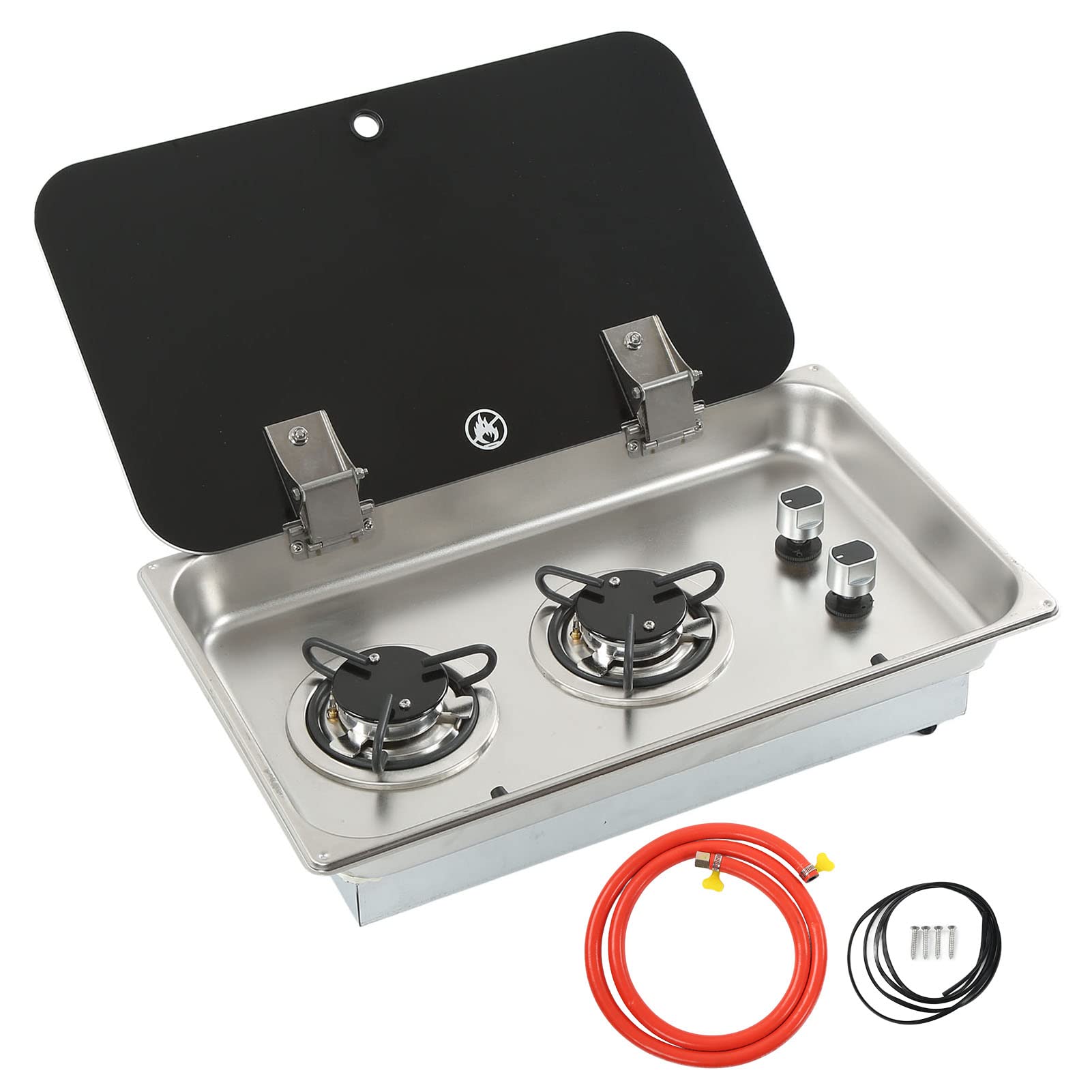 Aramox 2 Burner Gas Stove Cooktop for RV & Camping - Stainless Steel with Glass Lid, 1.7m Hose & 1.8Kw High Power - Perfect for Outdoor Cooking, Road Trips & Tiny Homes