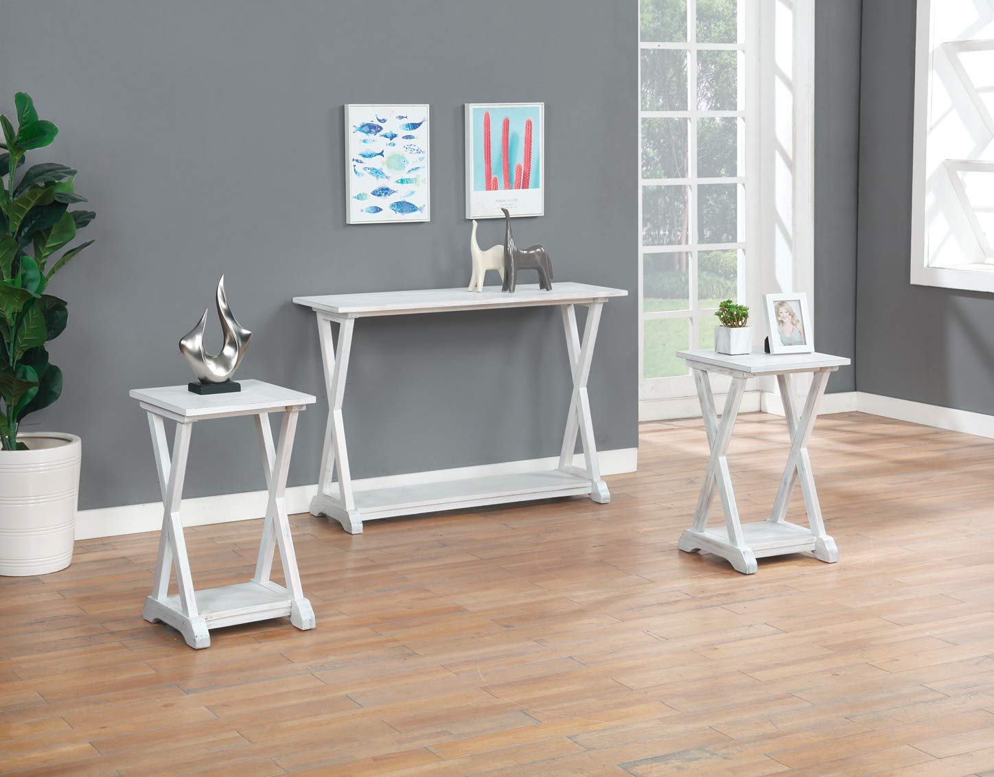 X-Farmhouse Console Table with Storage Shelf - White Wash Entryway Table for Hallway, Living Room & Bedroom | Rustic Farmhouse Style Home Decor