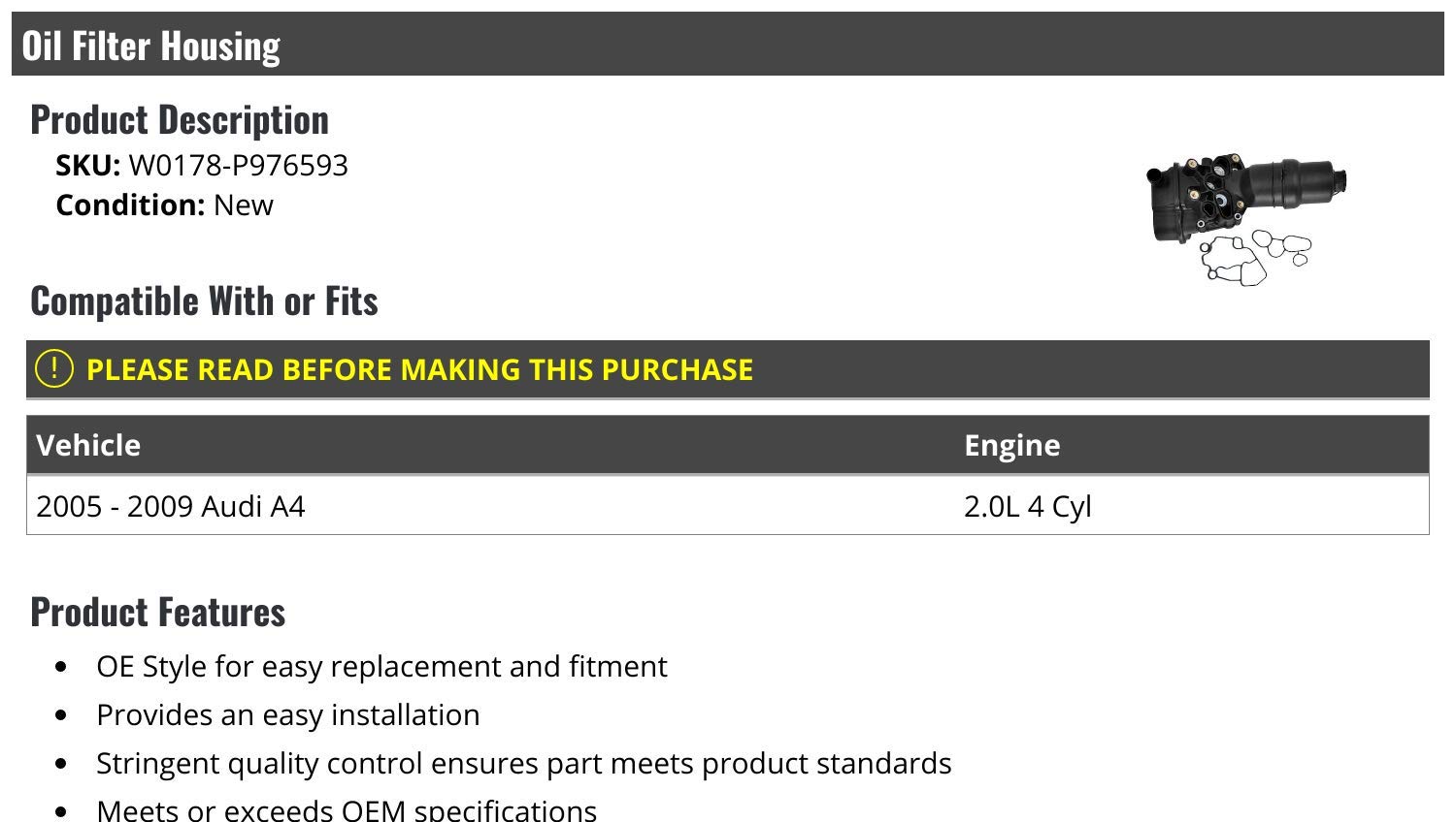 High-Quality Oil Filter Housing Replacement for 2005-2009 Audi A4 2.0L 4-Cylinder Engine - Perfect for DIY Car Maintenance & Engine Protection