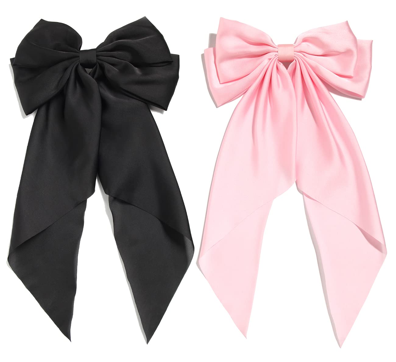 Elegant Satin Hair Bows for Women - Large Furling Pompom Hair Clips with Long Tail Ribbon - Black & Pink Hair Barrettes & Accessories for Parties, Weddings, Daily Styling