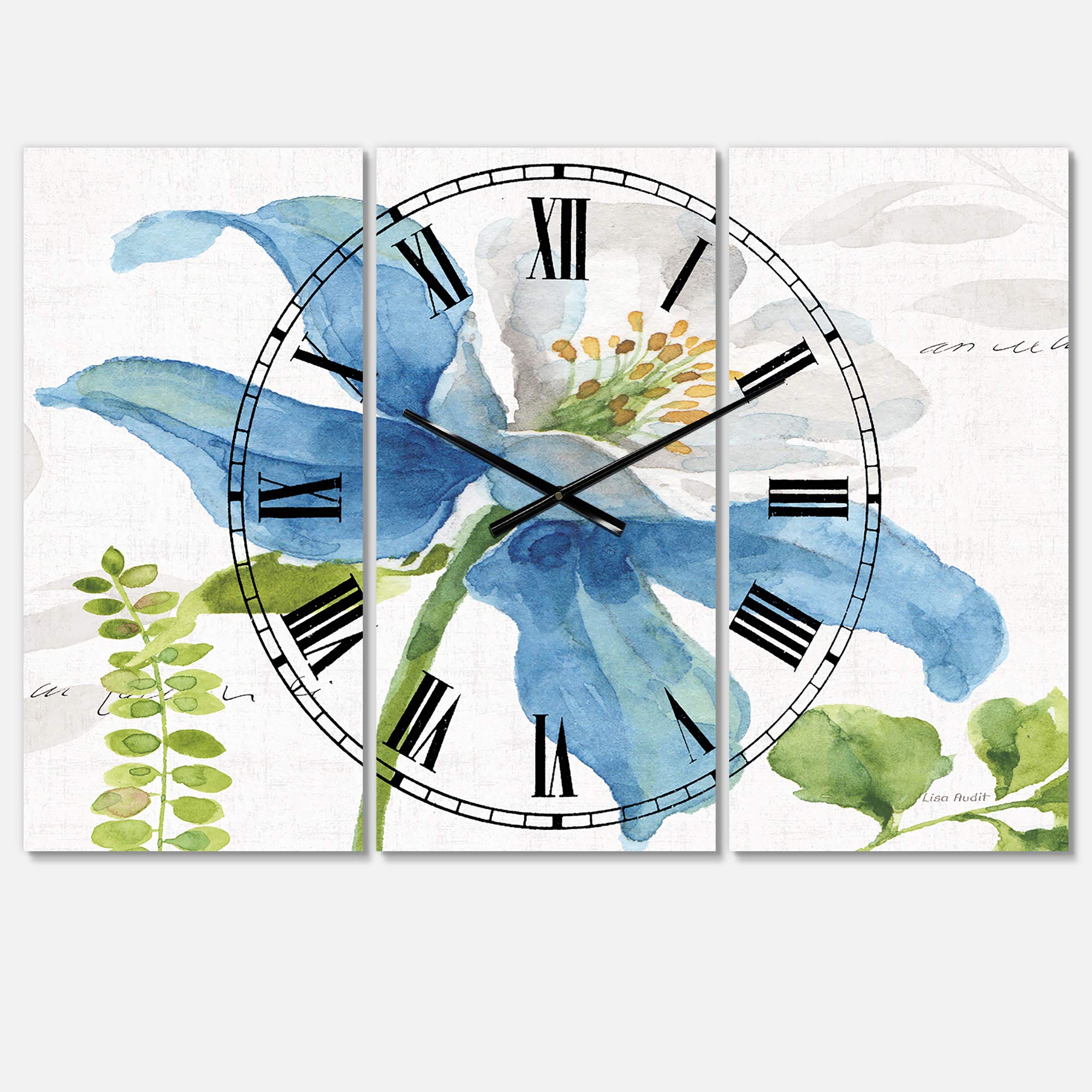 Designart 'Blue Columbine Wild Flower with Ferns' Traditional Wall Clock - Vintage Floral Decor for Living Room, Bedroom & Office - Silent Non-Ticking Battery Operated Clock for Home Decor