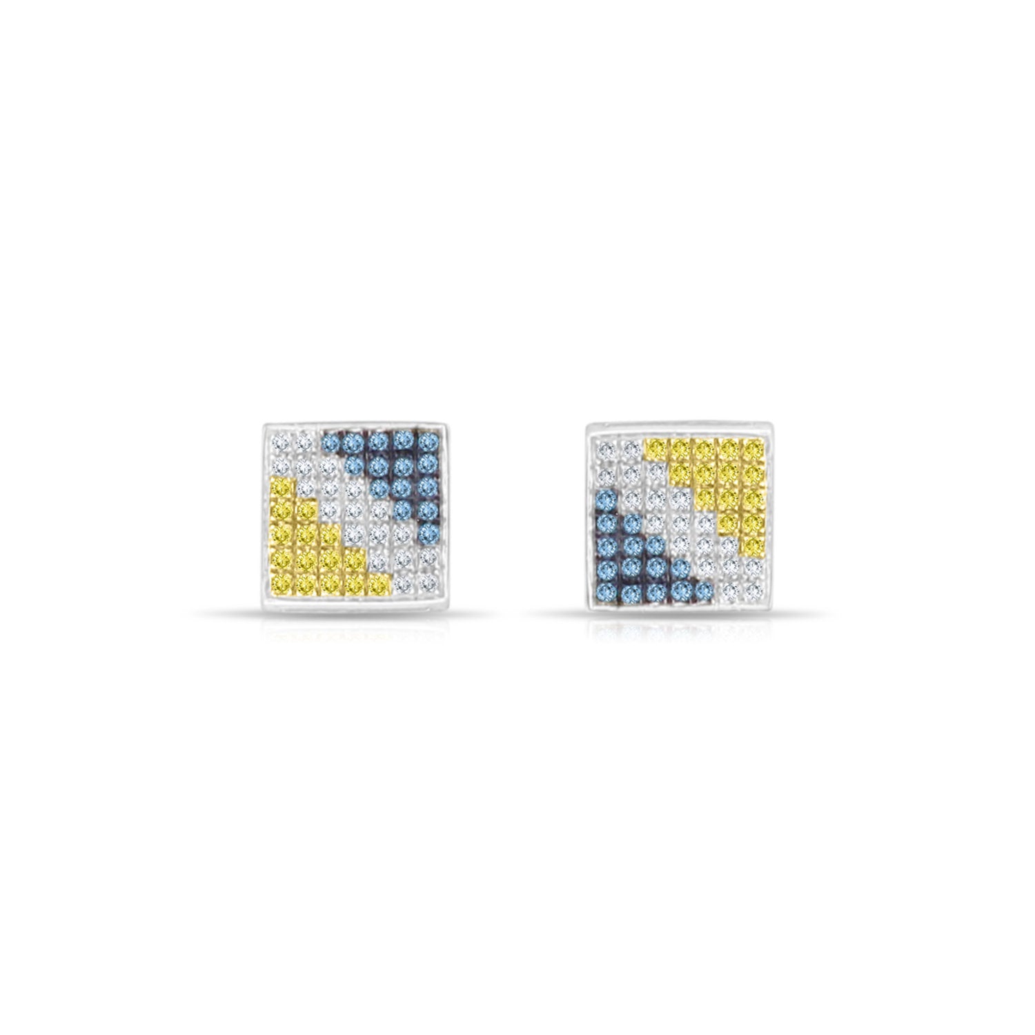 14K White Gold Blue White Yellow Diamond Square Stud Earrings 0.60cttw - Perfect for Weddings, Parties & Special Occasions